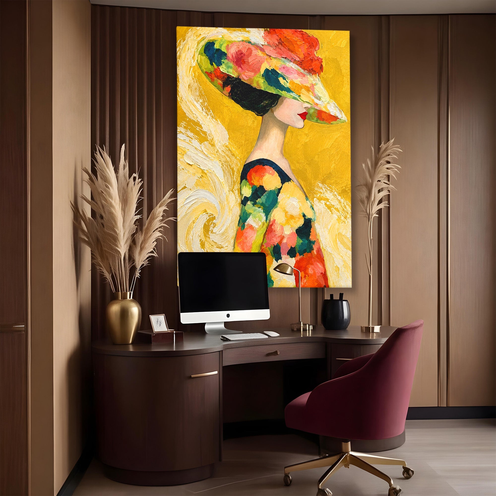 Tablou Canvas Premium LuxCanva® G1290, Femeie Cu Palarie De Flori, Femeie, Palarie, Floral, Portret, Eleganta, Living, Culori Vibrante