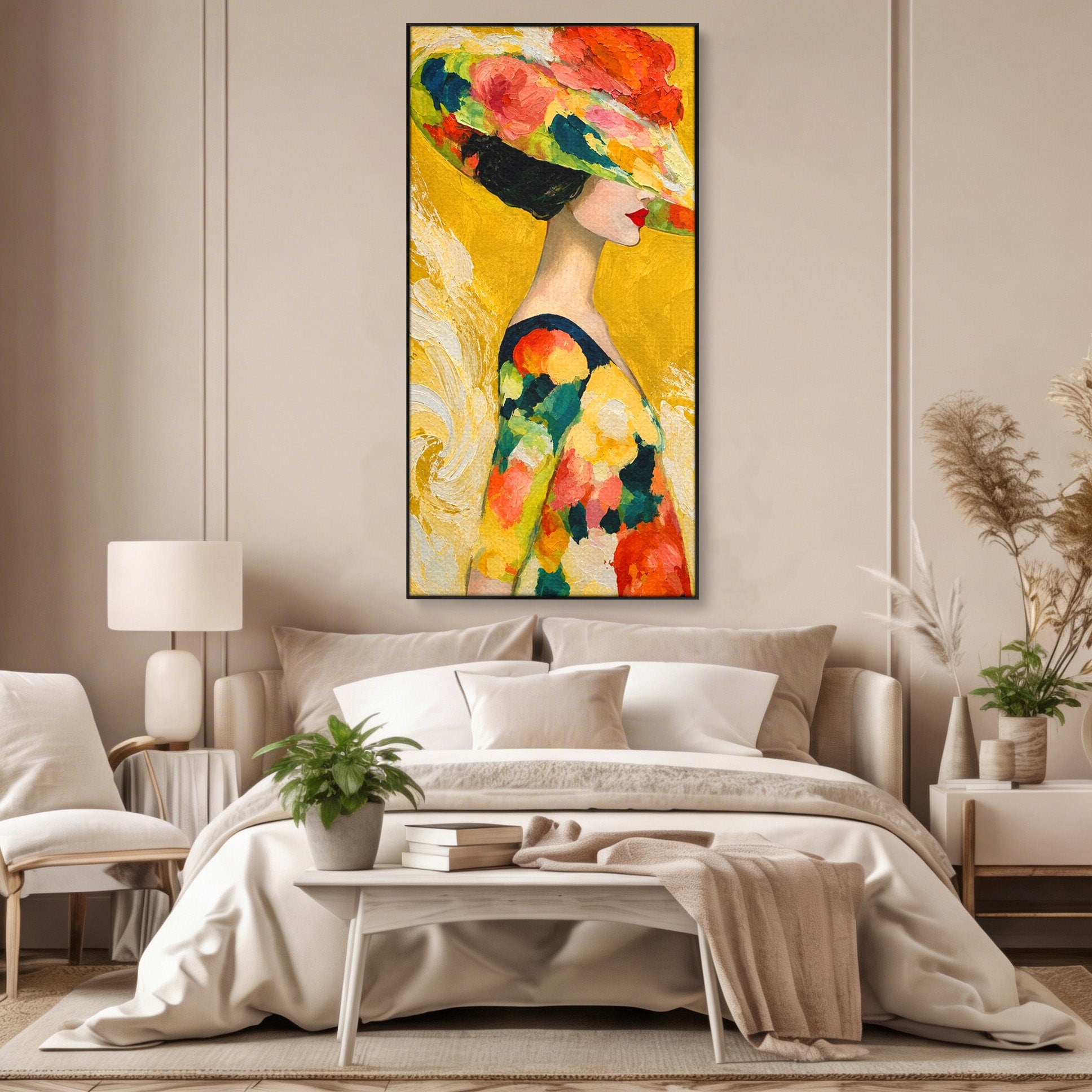 Tablou Canvas Premium LuxCanva® G1290, Femeie Cu Palarie De Flori, Femeie, Palarie, Floral, Portret, Eleganta, Living, Culori Vibrante