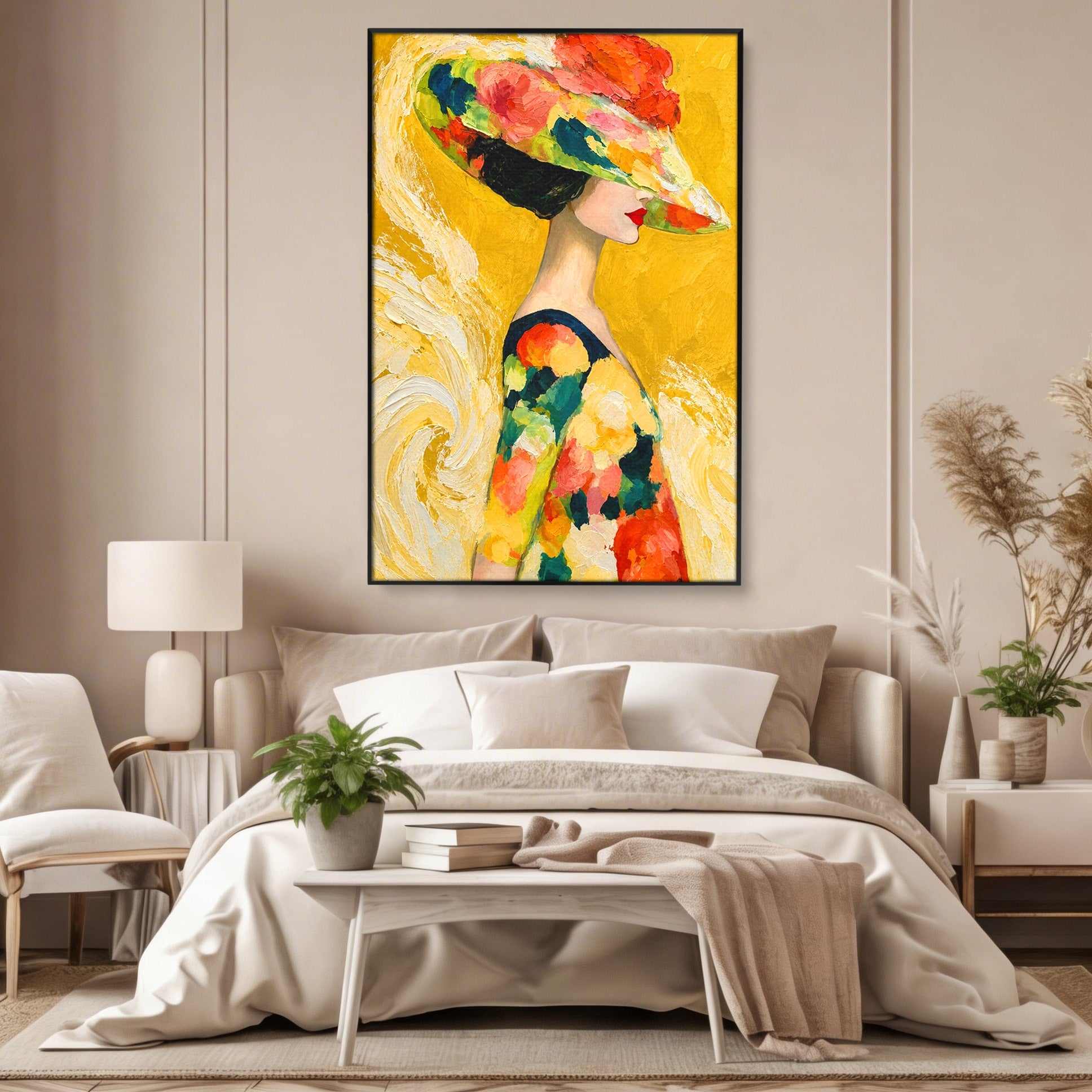 Tablou Canvas Premium LuxCanva® G1290, Femeie Cu Palarie De Flori, Femeie, Palarie, Floral, Portret, Eleganta, Living, Culori Vibrante