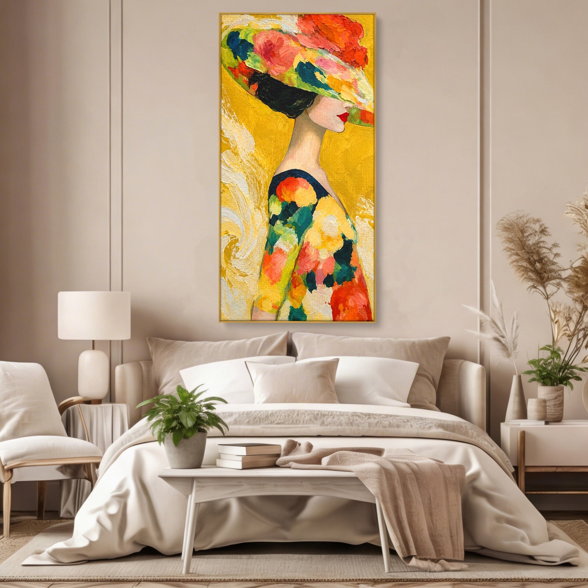 Tablou Canvas Premium LuxCanva® G1290, Femeie Cu Palarie De Flori, Femeie, Palarie, Floral, Portret, Eleganta, Living, Culori Vibrante
