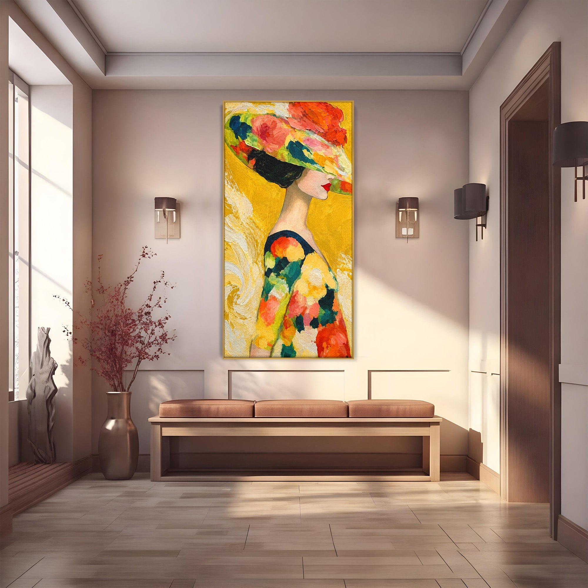 Tablou Canvas Premium LuxCanva® G1290, Femeie Cu Palarie De Flori, Femeie, Palarie, Floral, Portret, Eleganta, Living, Culori Vibrante