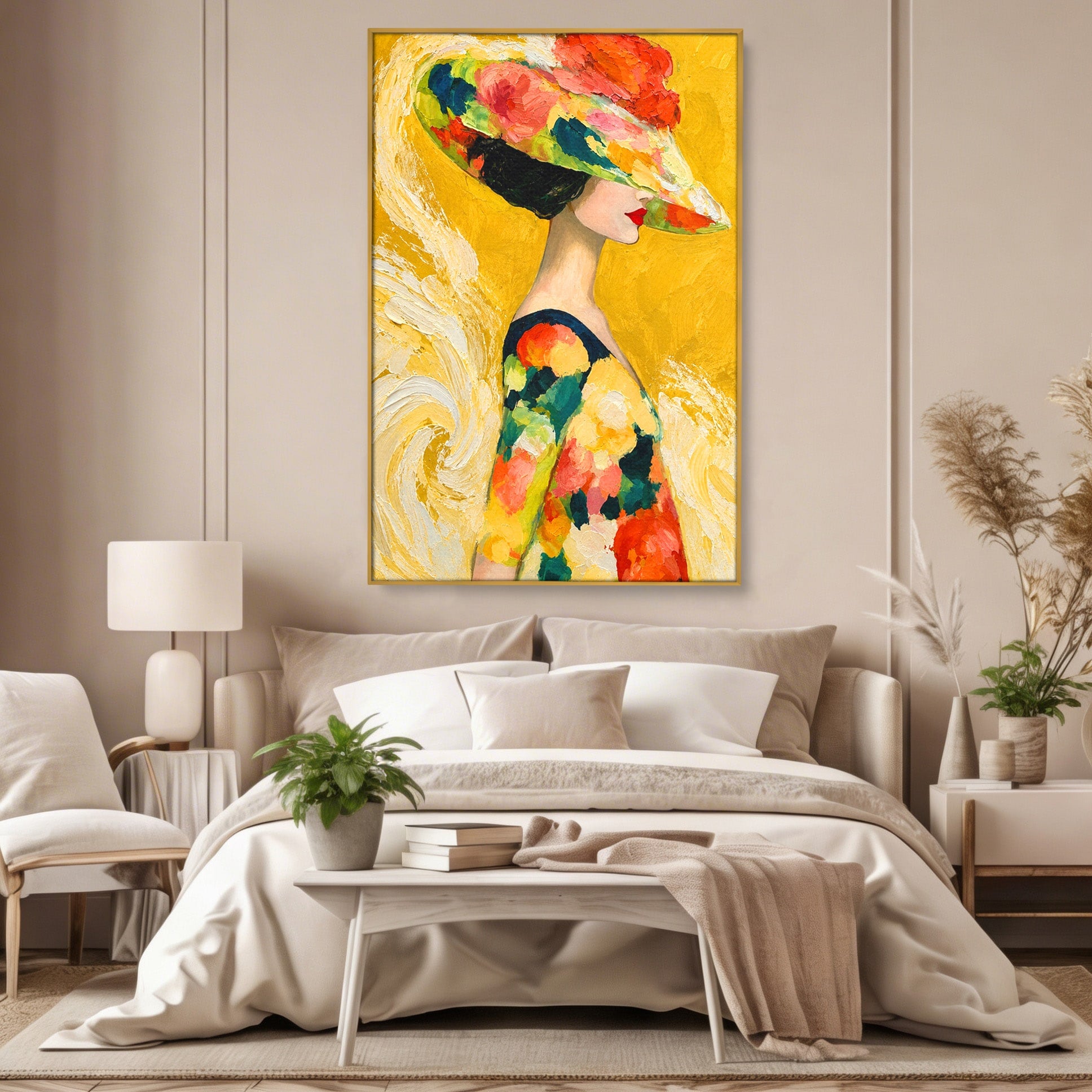 Tablou Canvas Premium LuxCanva® G1290, Femeie Cu Palarie De Flori, Femeie, Palarie, Floral, Portret, Eleganta, Living, Culori Vibrante