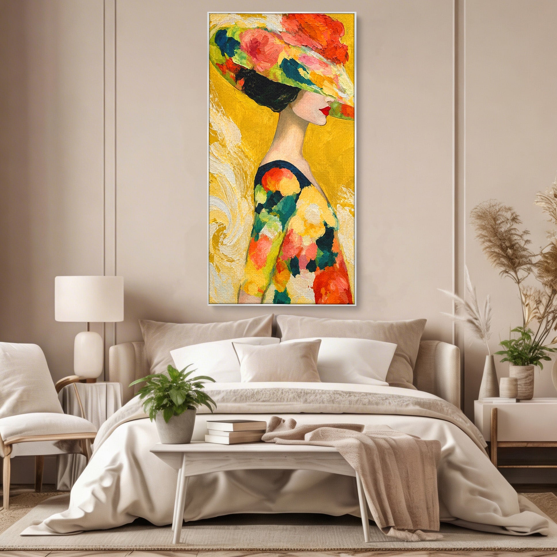 Tablou Canvas Premium LuxCanva® G1290, Femeie Cu Palarie De Flori, Femeie, Palarie, Floral, Portret, Eleganta, Living, Culori Vibrante