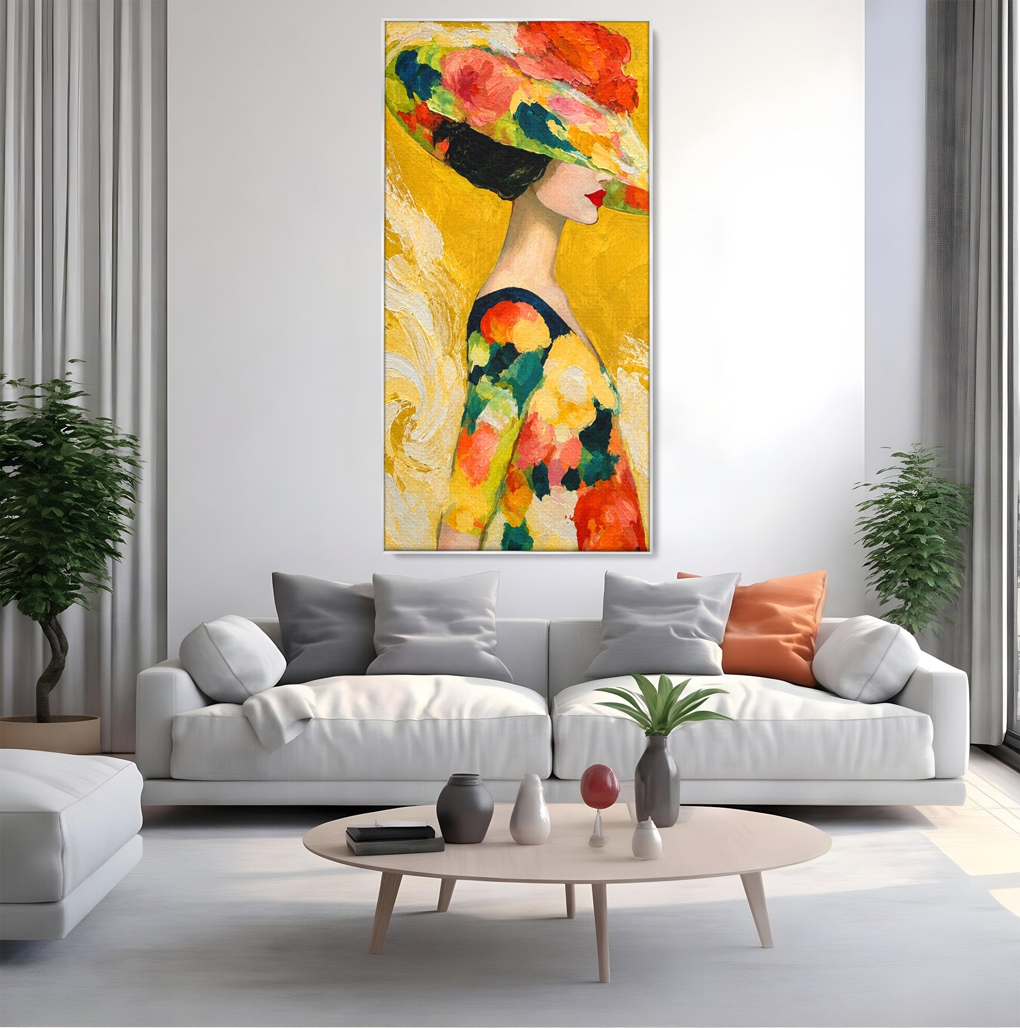 Tablou Canvas Premium LuxCanva® G1290, Femeie Cu Palarie De Flori, Femeie, Palarie, Floral, Portret, Eleganta, Living, Culori Vibrante