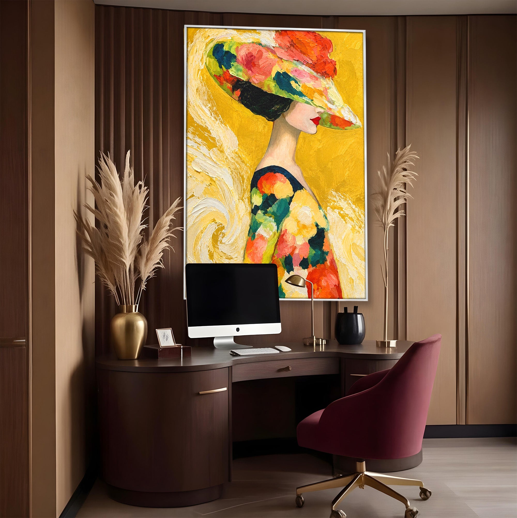 Tablou Canvas Premium LuxCanva® G1290, Femeie Cu Palarie De Flori, Femeie, Palarie, Floral, Portret, Eleganta, Living, Culori Vibrante