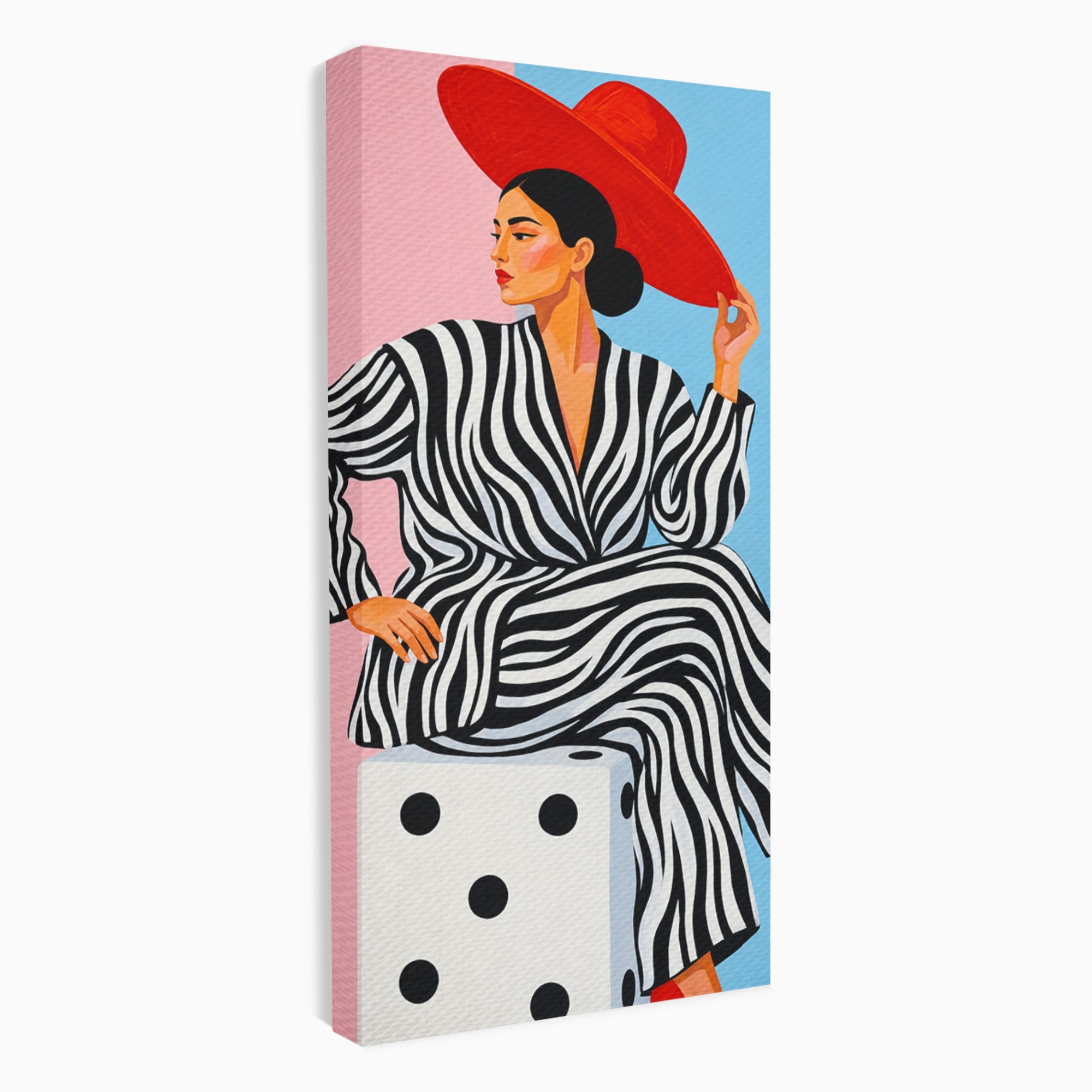 Tablou Canvas Premium LuxCanva® G1291, Femeie Cu Palarie Rosie, Femeie, Moda, Portret, Zebra, Living, Culori Vibrante