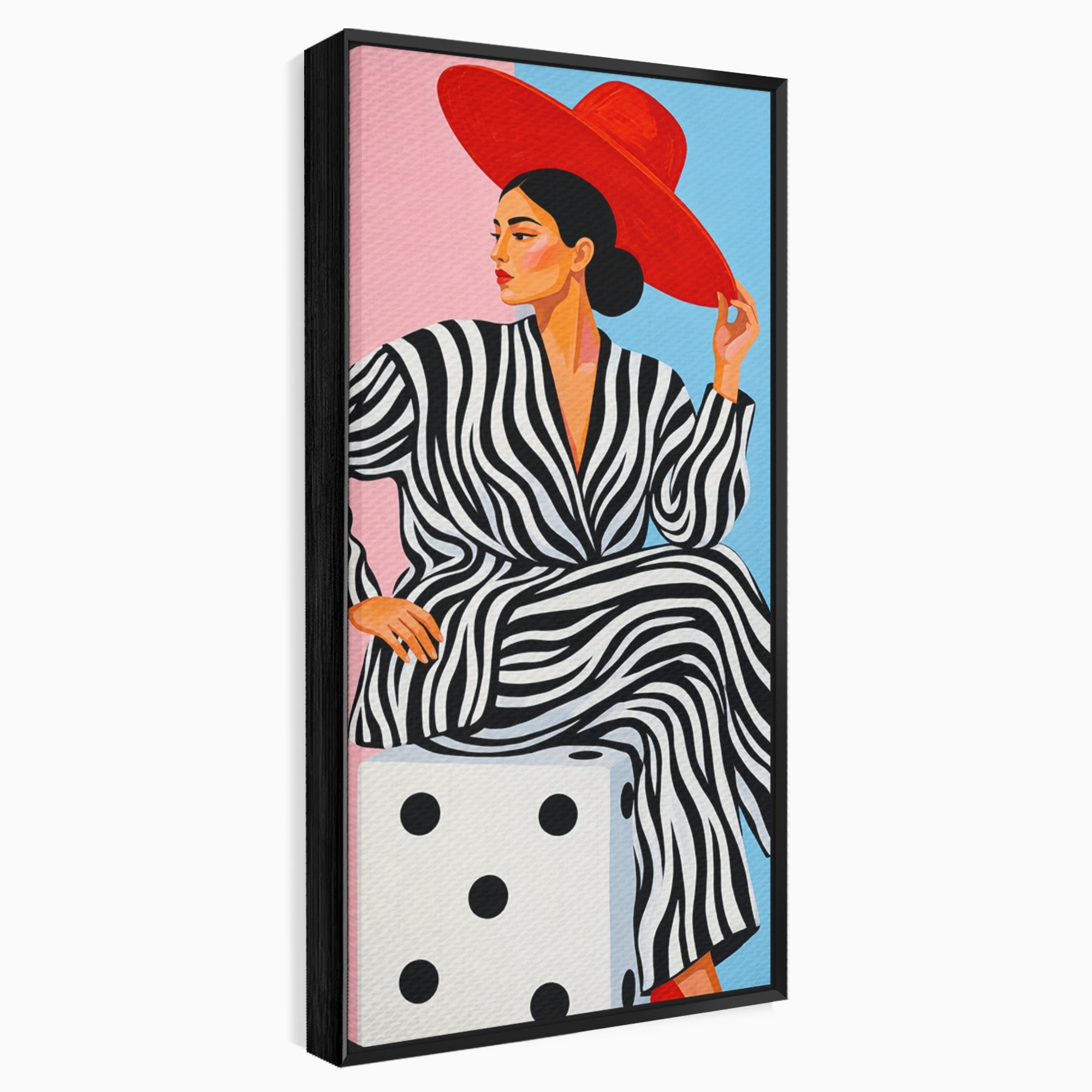 Tablou Canvas Premium LuxCanva® G1291, Femeie Cu Palarie Rosie, Femeie, Moda, Portret, Zebra, Living, Culori Vibrante