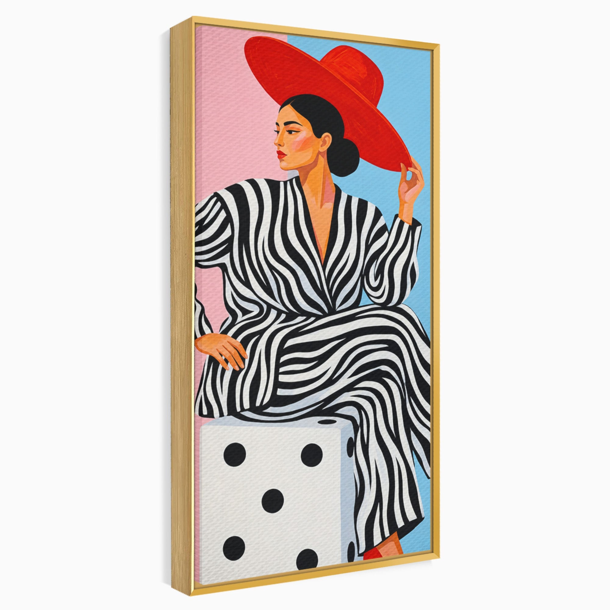 Tablou Canvas Premium LuxCanva® G1291, Femeie Cu Palarie Rosie, Femeie, Moda, Portret, Zebra, Living, Culori Vibrante