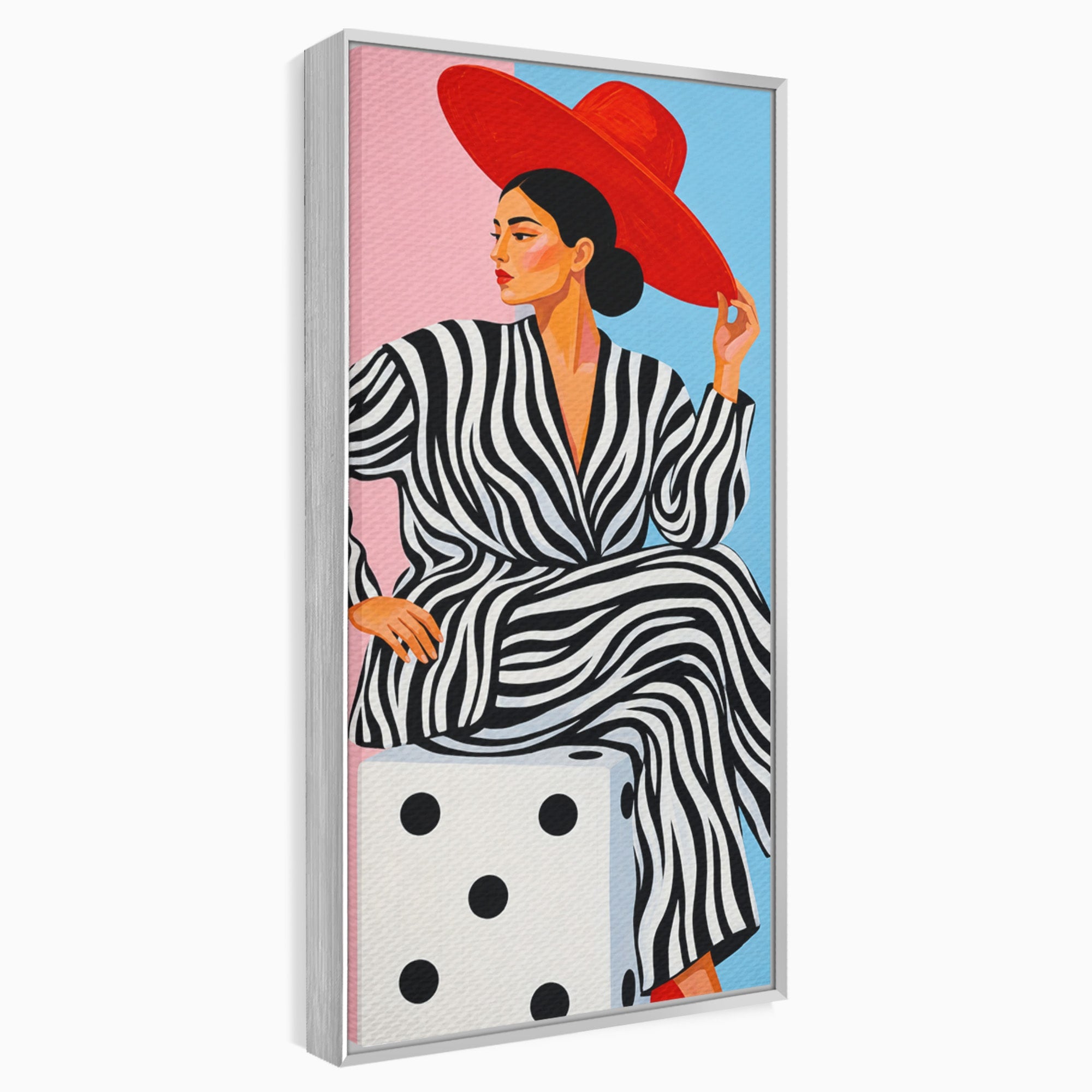 Tablou Canvas Premium LuxCanva® G1291, Femeie Cu Palarie Rosie, Femeie, Moda, Portret, Zebra, Living, Culori Vibrante