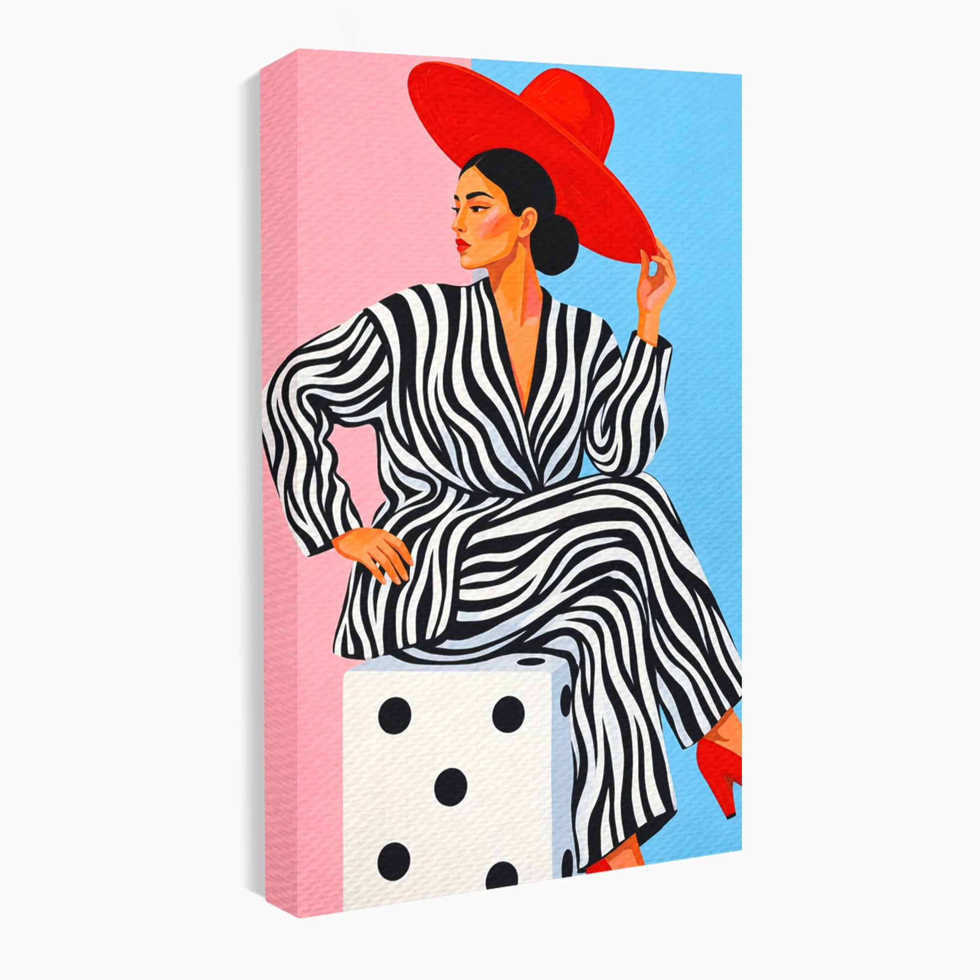 Tablou Canvas Premium LuxCanva® G1291, Femeie Cu Palarie Rosie, Femeie, Moda, Portret, Zebra, Living, Culori Vibrante