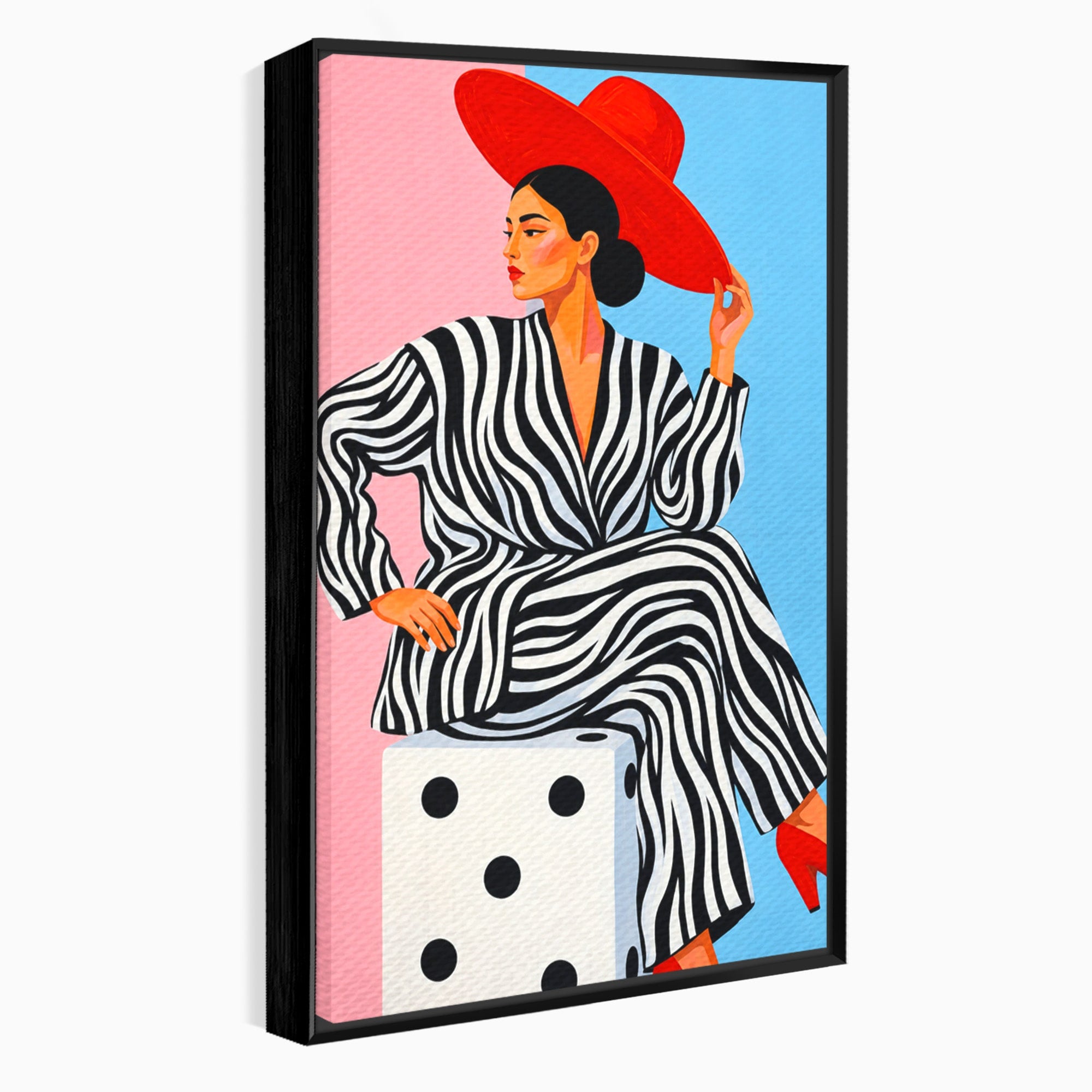 Tablou Canvas Premium LuxCanva® G1291, Femeie Cu Palarie Rosie, Femeie, Moda, Portret, Zebra, Living, Culori Vibrante