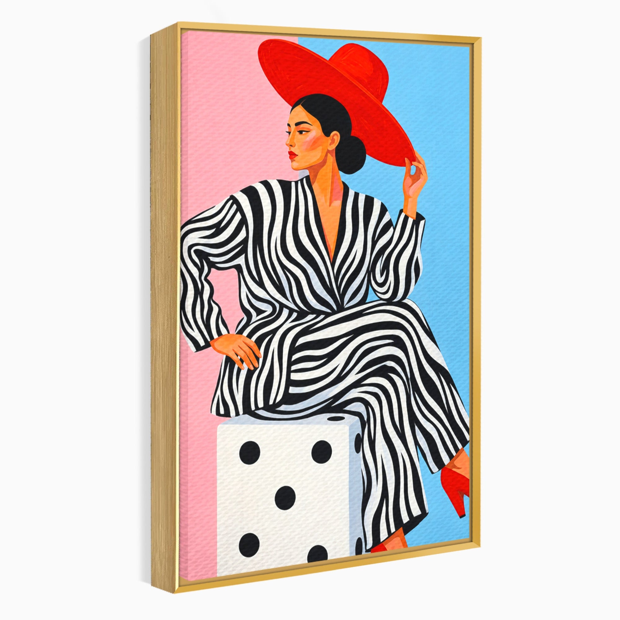 Tablou Canvas Premium LuxCanva® G1291, Femeie Cu Palarie Rosie, Femeie, Moda, Portret, Zebra, Living, Culori Vibrante