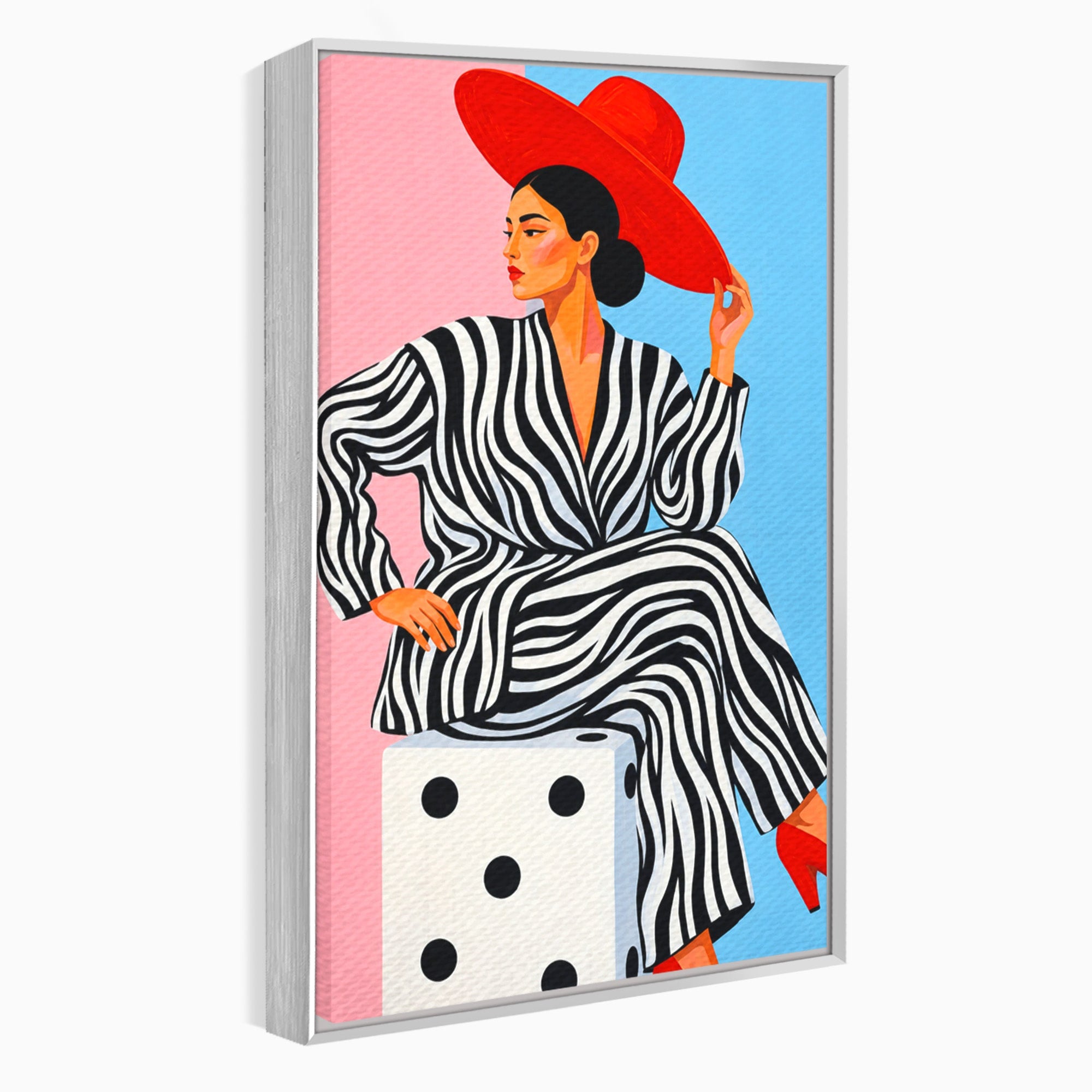 Tablou Canvas Premium LuxCanva® G1291, Femeie Cu Palarie Rosie, Femeie, Moda, Portret, Zebra, Living, Culori Vibrante