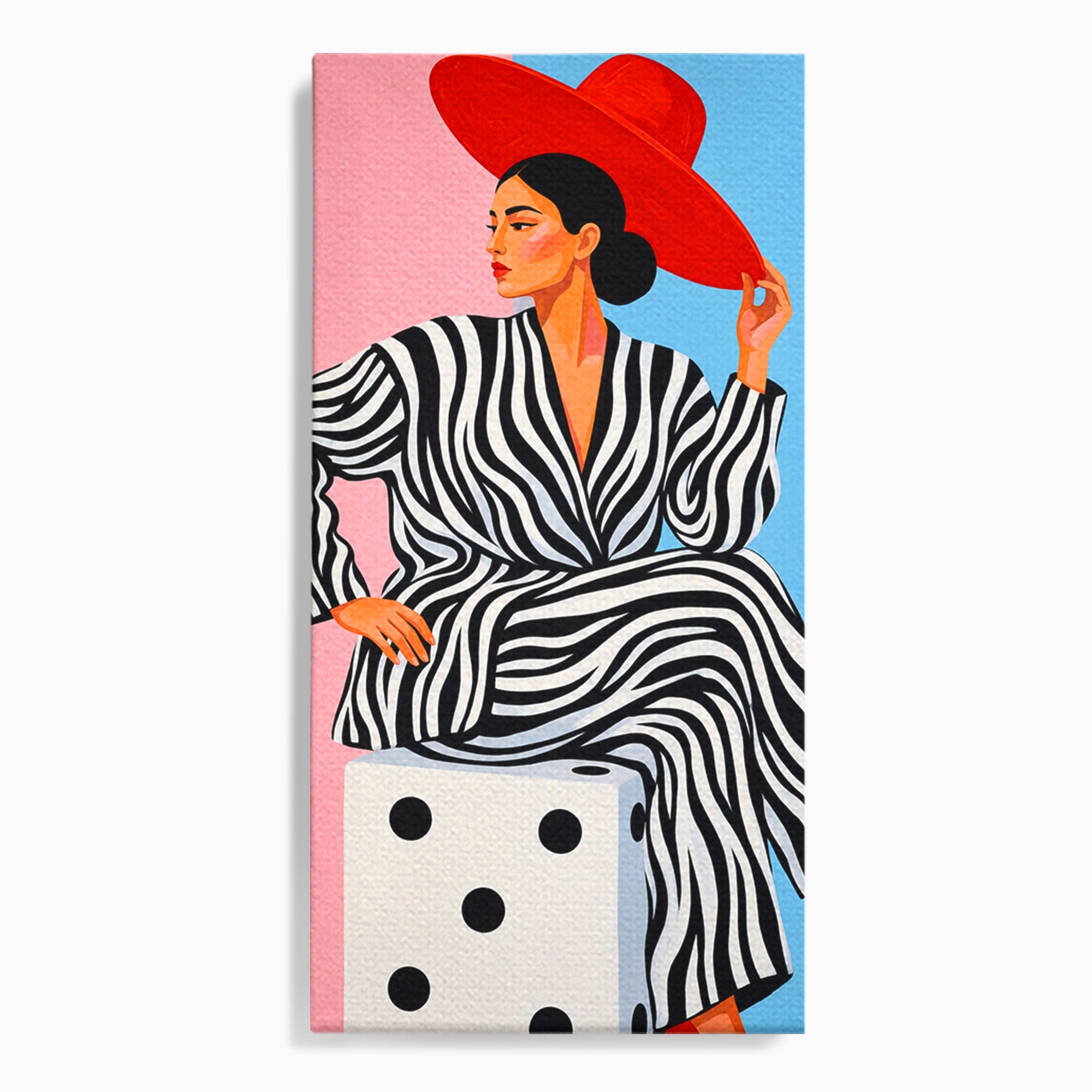 Tablou Canvas Premium LuxCanva® G1291, Femeie Cu Palarie Rosie, Femeie, Moda, Portret, Zebra, Living, Culori Vibrante