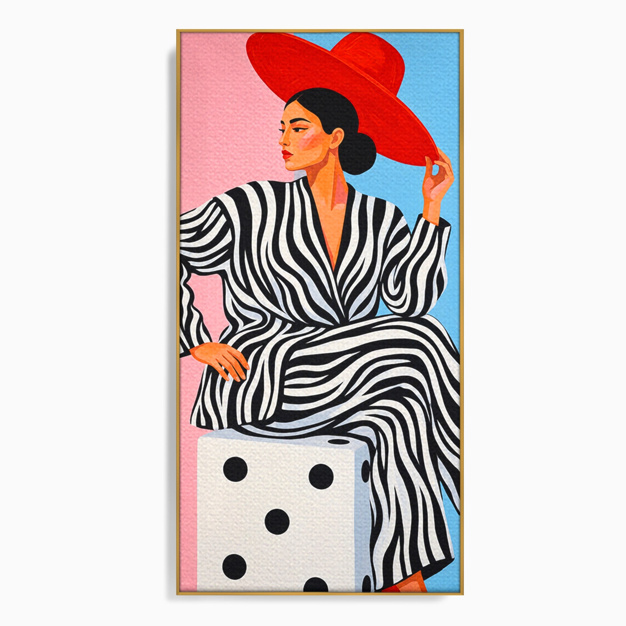 Tablou Canvas Premium LuxCanva® G1291, Femeie Cu Palarie Rosie, Femeie, Moda, Portret, Zebra, Living, Culori Vibrante