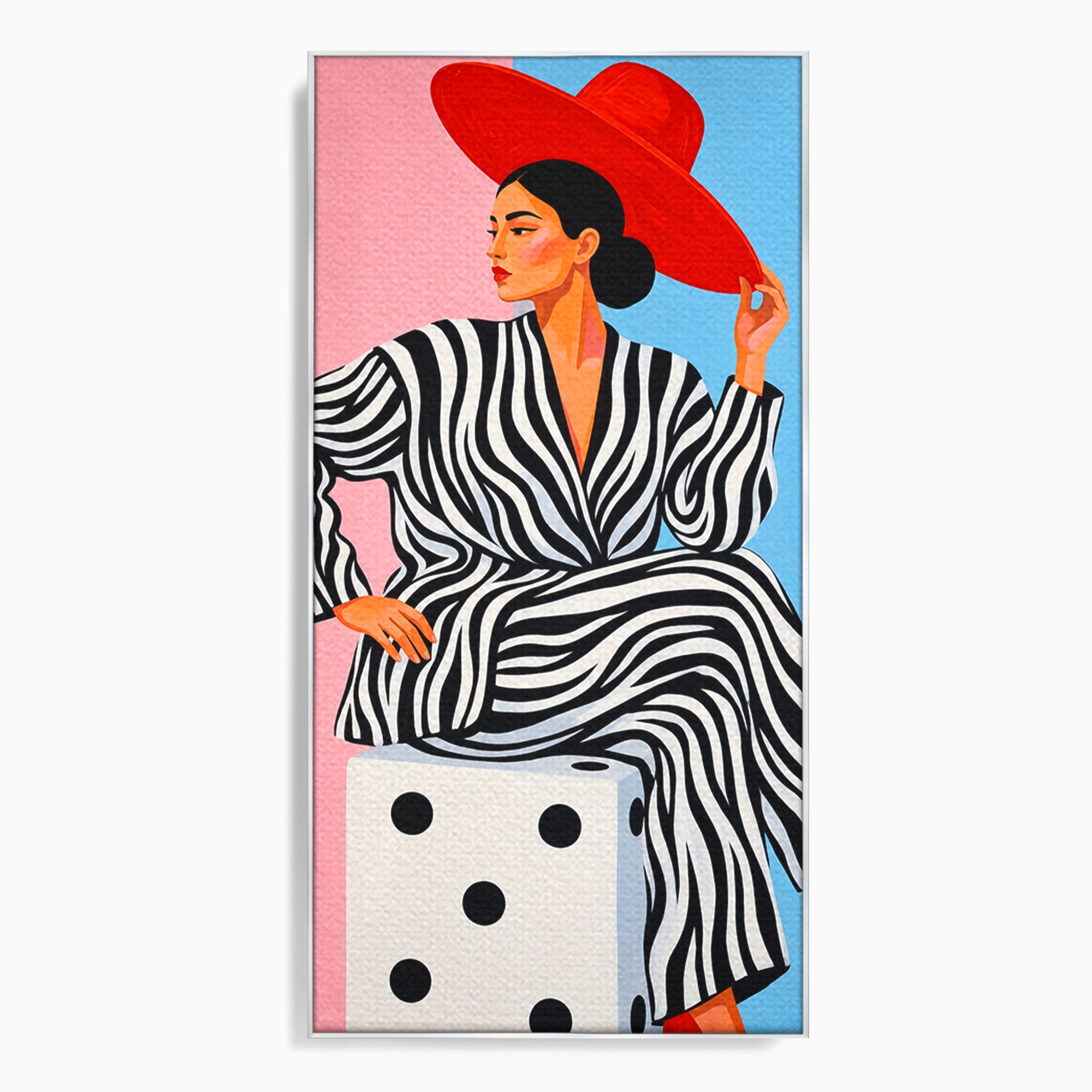 Tablou Canvas Premium LuxCanva® G1291, Femeie Cu Palarie Rosie, Femeie, Moda, Portret, Zebra, Living, Culori Vibrante
