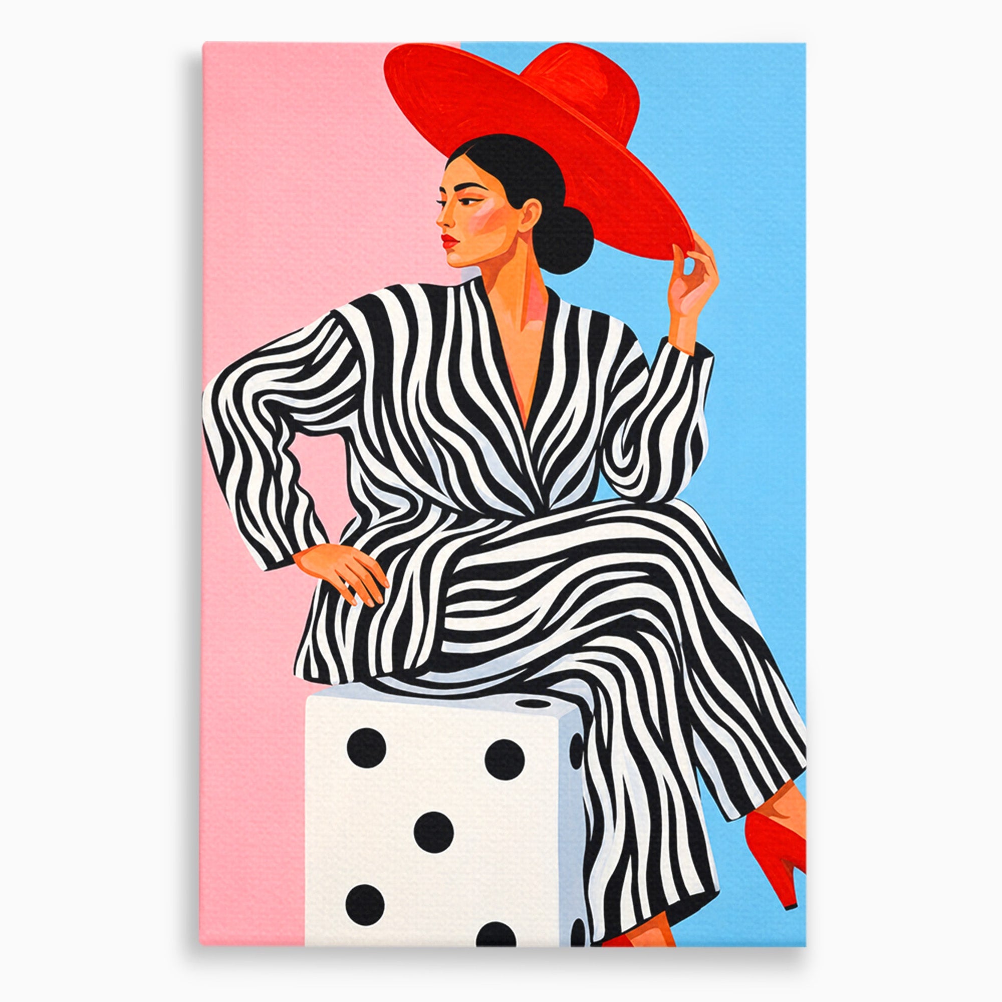 Tablou Canvas Premium LuxCanva® G1291, Femeie Cu Palarie Rosie, Femeie, Moda, Portret, Zebra, Living, Culori Vibrante