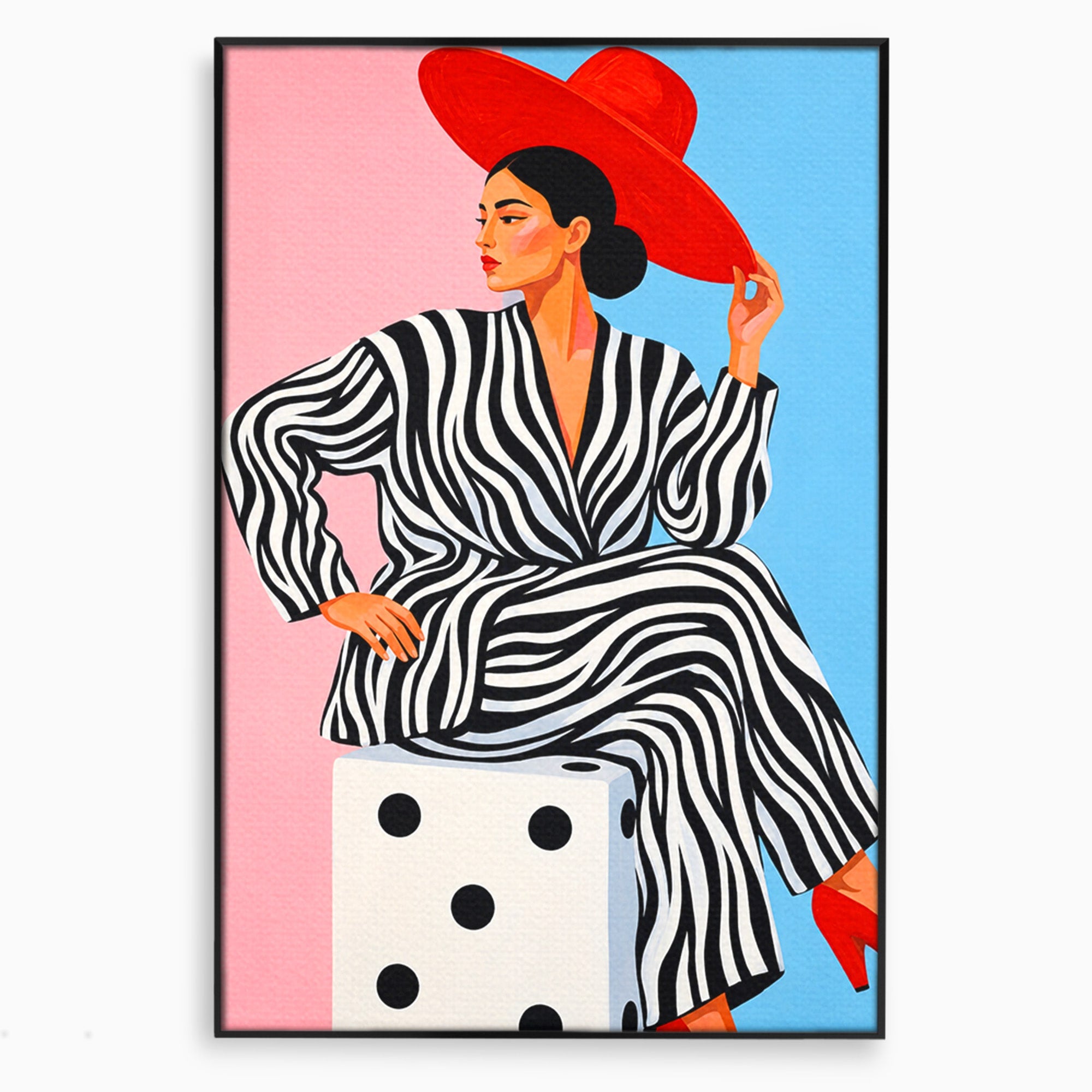 Tablou Canvas Premium LuxCanva® G1291, Femeie Cu Palarie Rosie, Femeie, Moda, Portret, Zebra, Living, Culori Vibrante