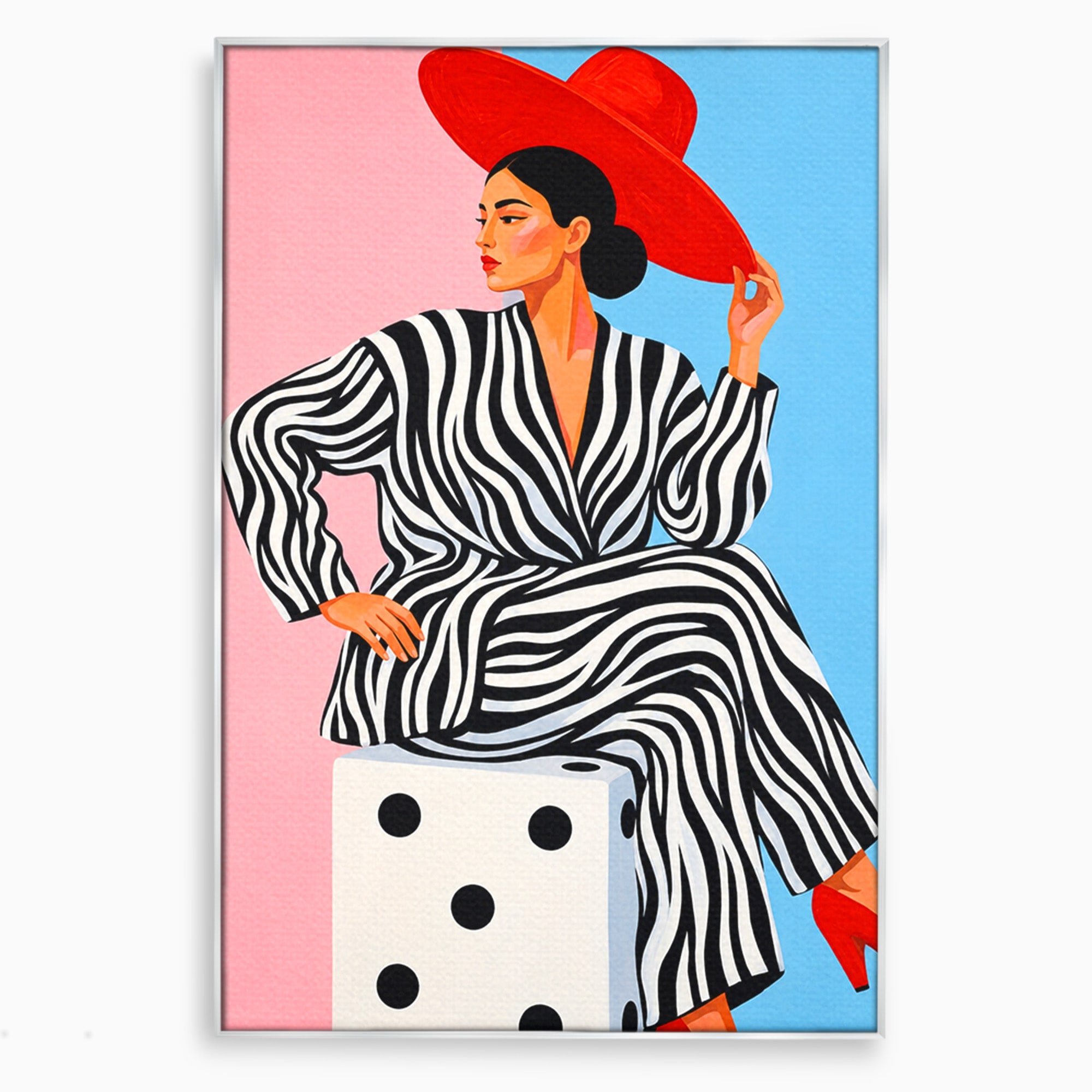 Tablou Canvas Premium LuxCanva® G1291, Femeie Cu Palarie Rosie, Femeie, Moda, Portret, Zebra, Living, Culori Vibrante