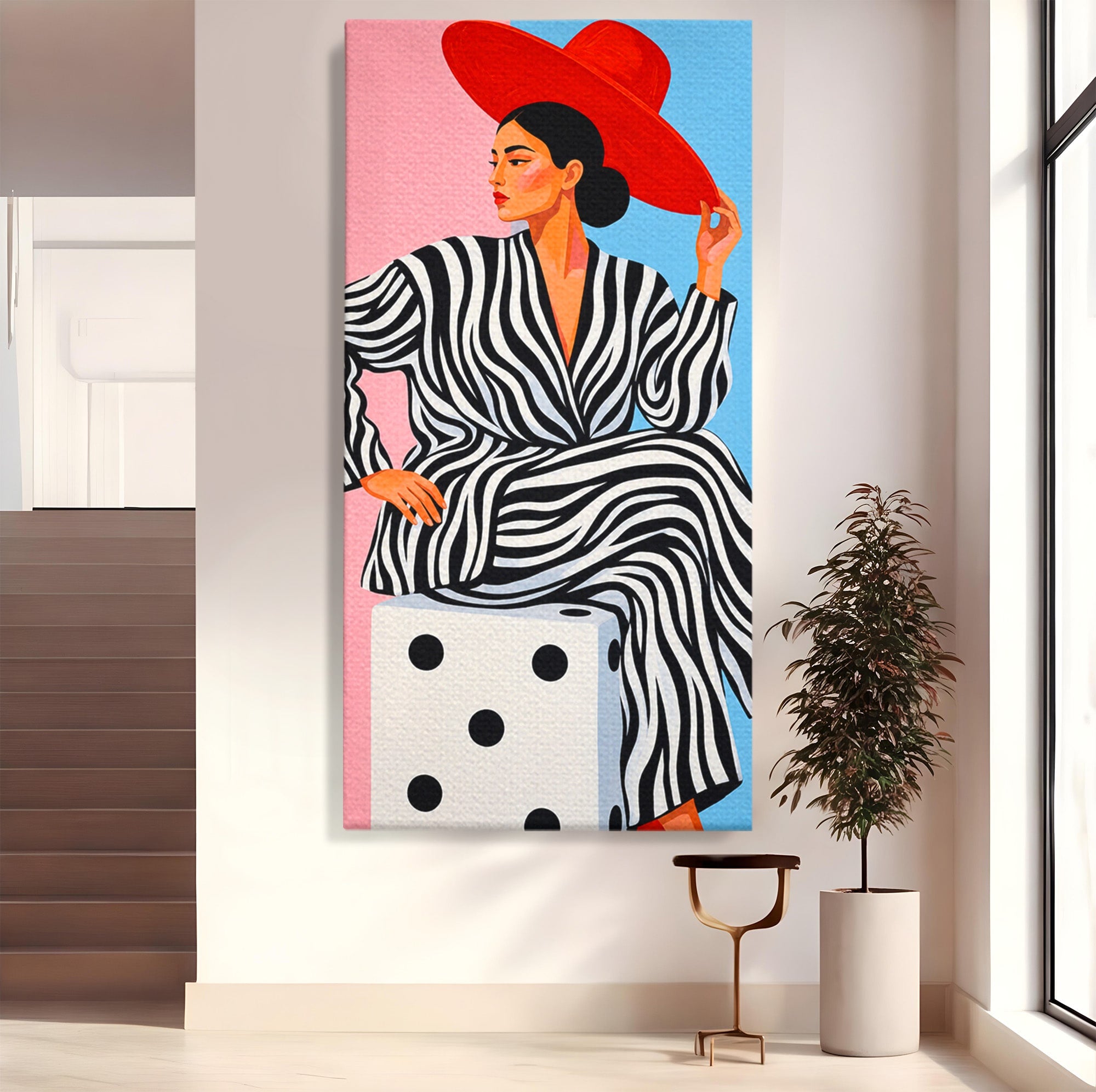 Tablou Canvas Premium LuxCanva® G1291, Femeie Cu Palarie Rosie, Femeie, Moda, Portret, Zebra, Living, Culori Vibrante