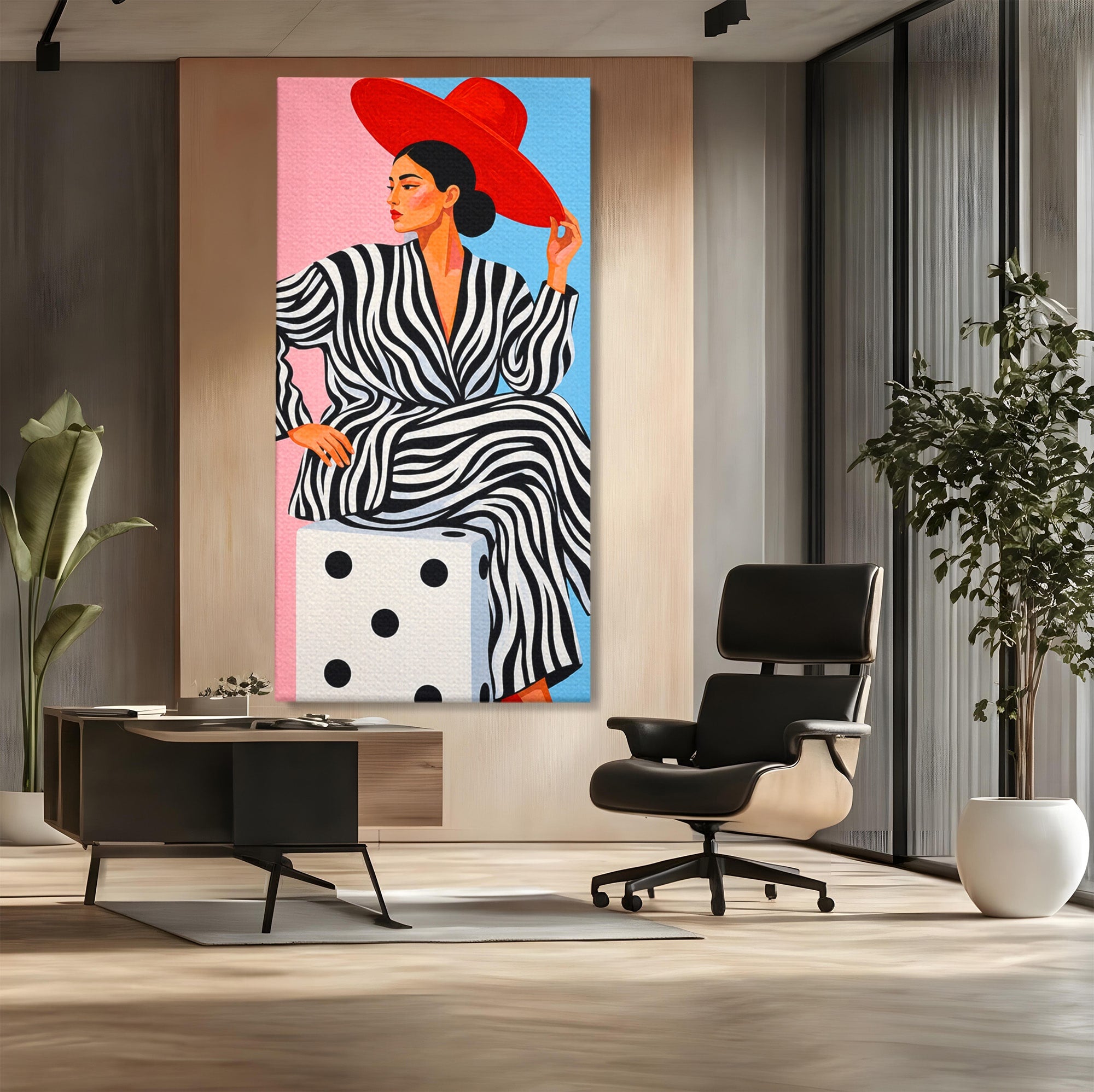 Tablou Canvas Premium LuxCanva® G1291, Femeie Cu Palarie Rosie, Femeie, Moda, Portret, Zebra, Living, Culori Vibrante