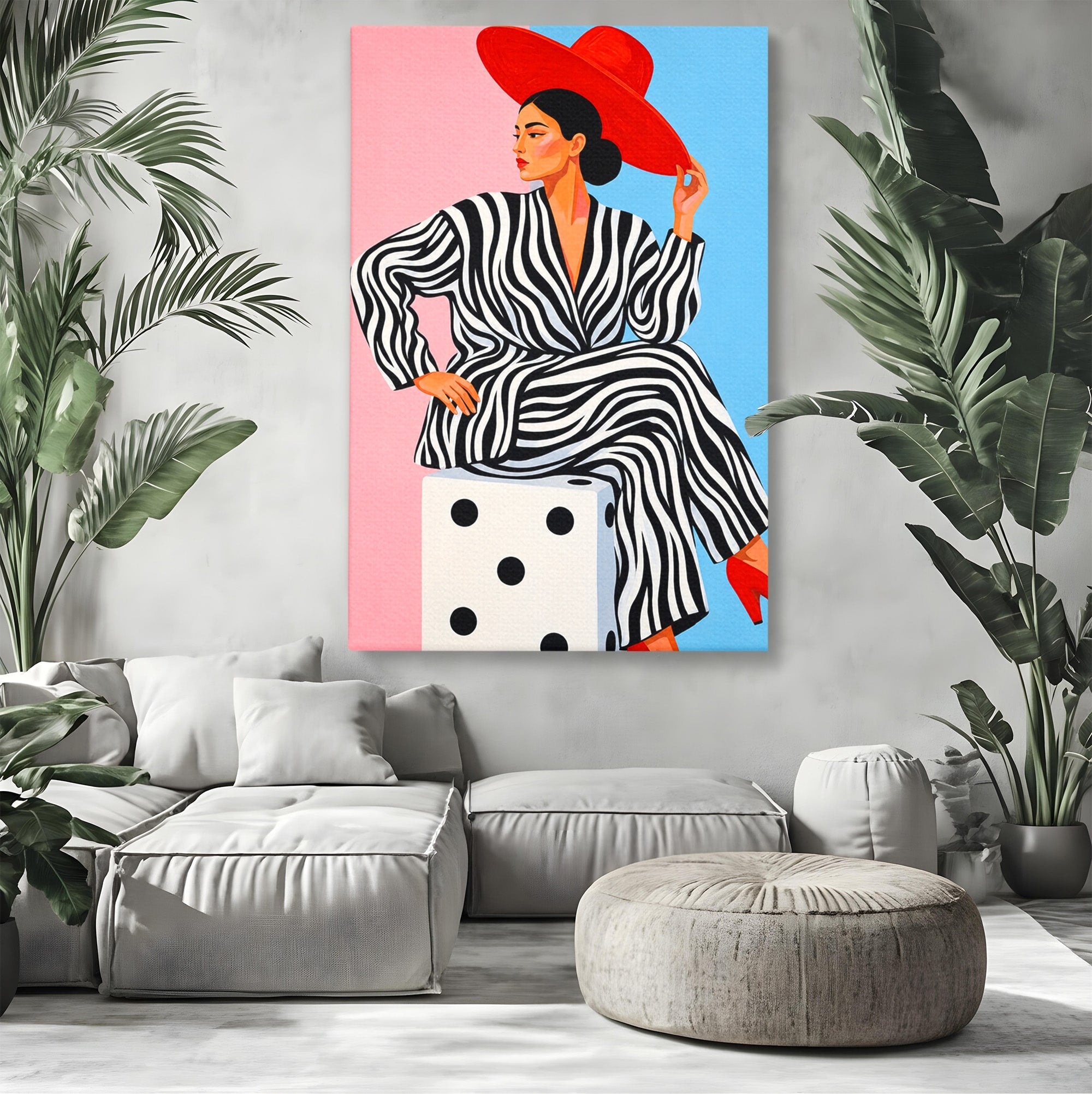 Tablou Canvas Premium LuxCanva® G1291, Femeie Cu Palarie Rosie, Femeie, Moda, Portret, Zebra, Living, Culori Vibrante