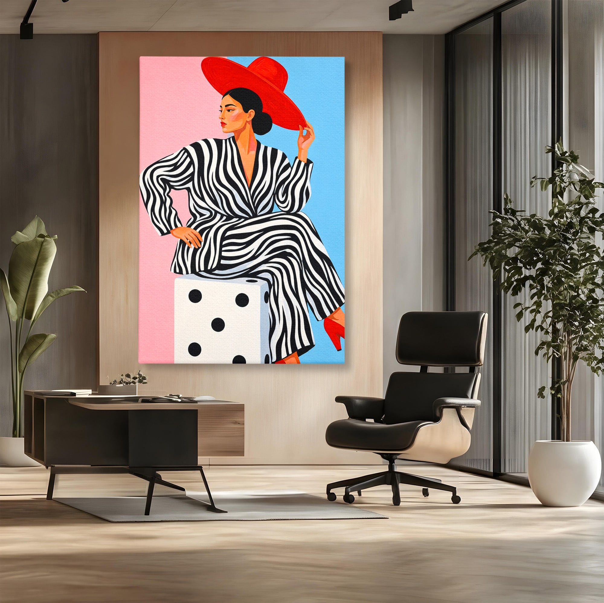 Tablou Canvas Premium LuxCanva® G1291, Femeie Cu Palarie Rosie, Femeie, Moda, Portret, Zebra, Living, Culori Vibrante