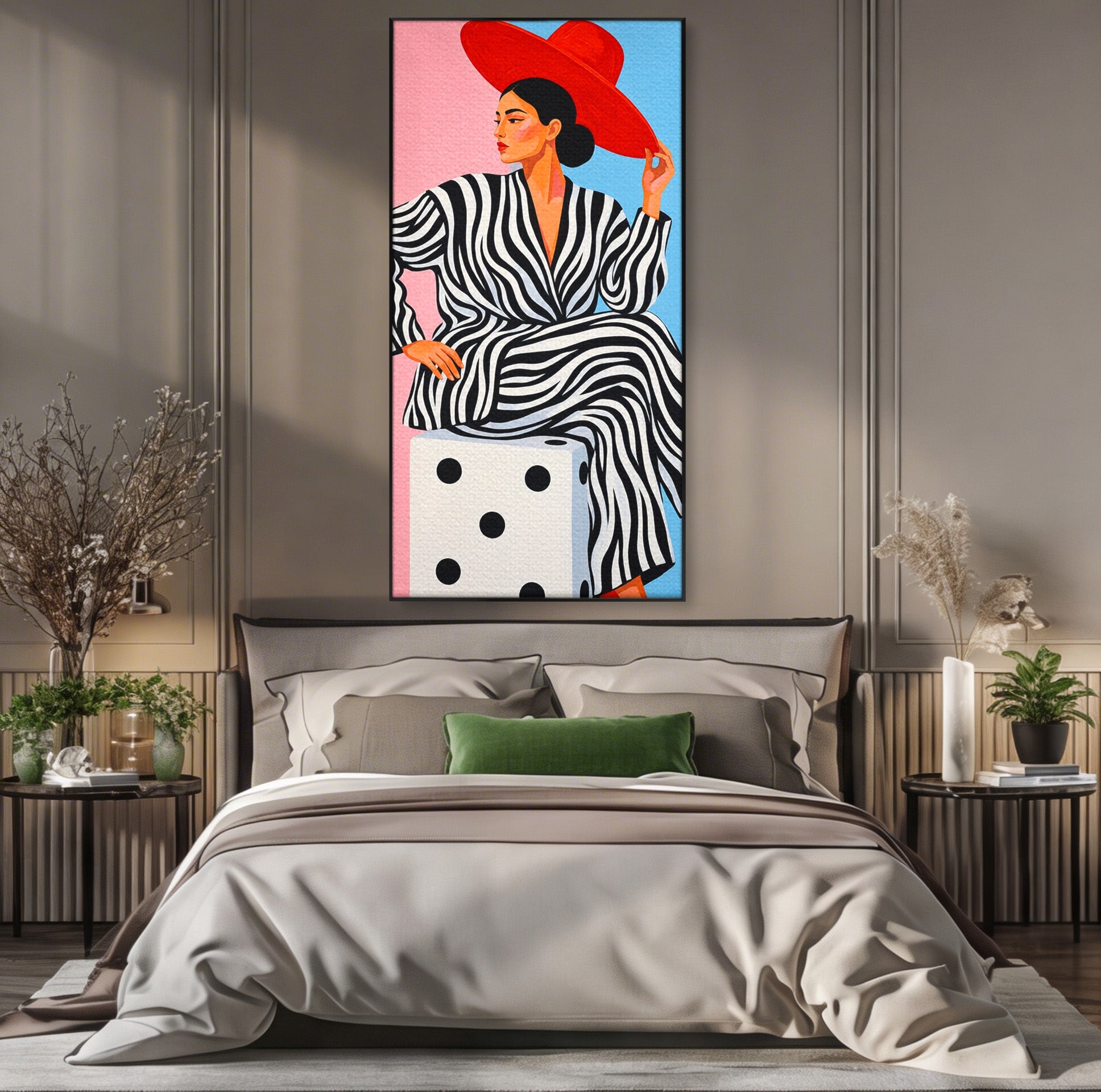 Tablou Canvas Premium LuxCanva® G1291, Femeie Cu Palarie Rosie, Femeie, Moda, Portret, Zebra, Living, Culori Vibrante