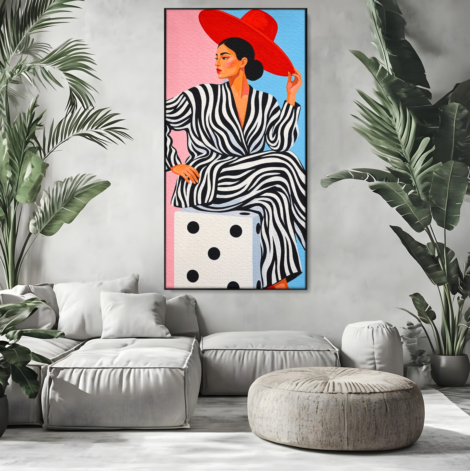 Tablou Canvas Premium LuxCanva® G1291, Femeie Cu Palarie Rosie, Femeie, Moda, Portret, Zebra, Living, Culori Vibrante