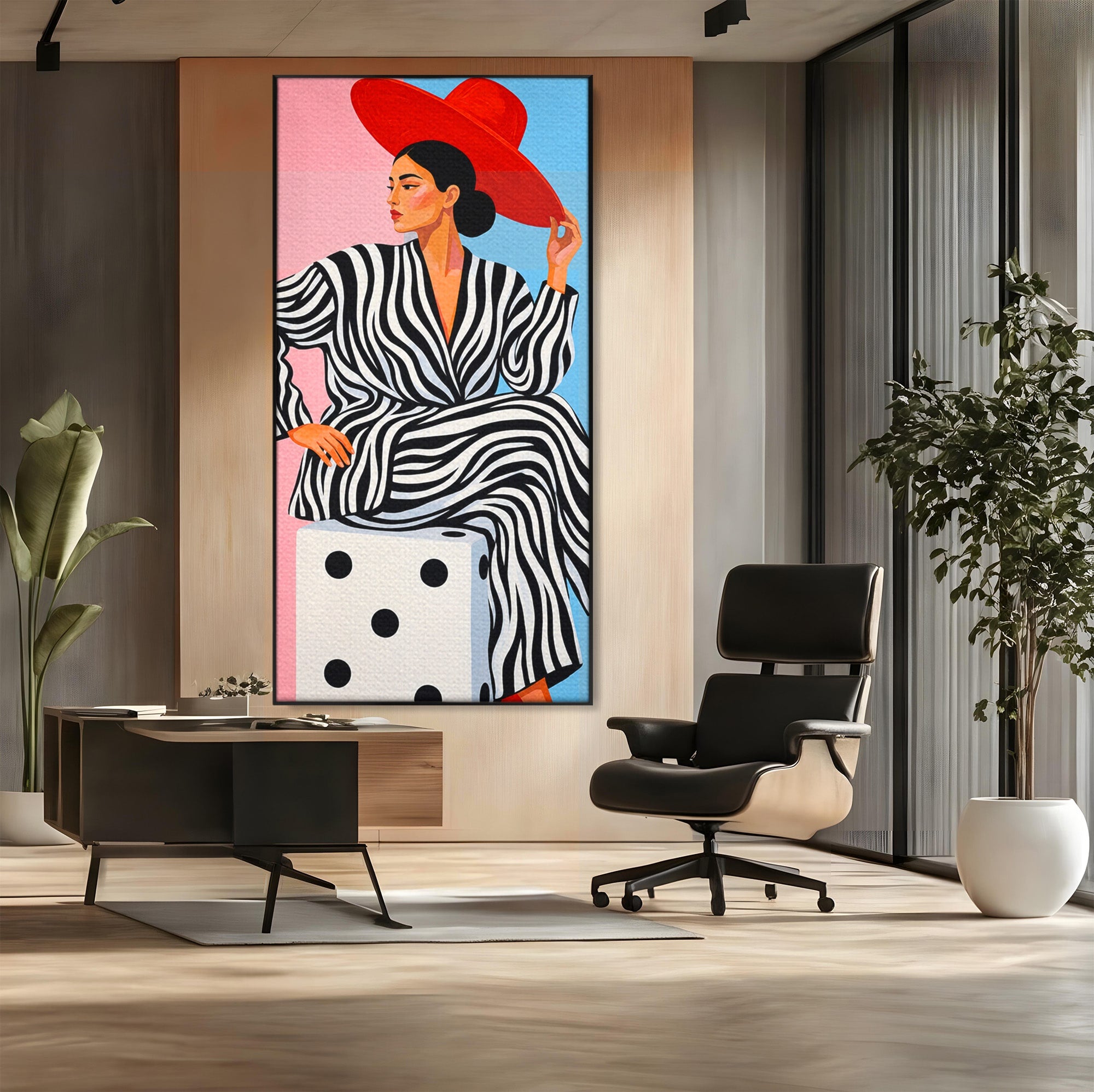 Tablou Canvas Premium LuxCanva® G1291, Femeie Cu Palarie Rosie, Femeie, Moda, Portret, Zebra, Living, Culori Vibrante