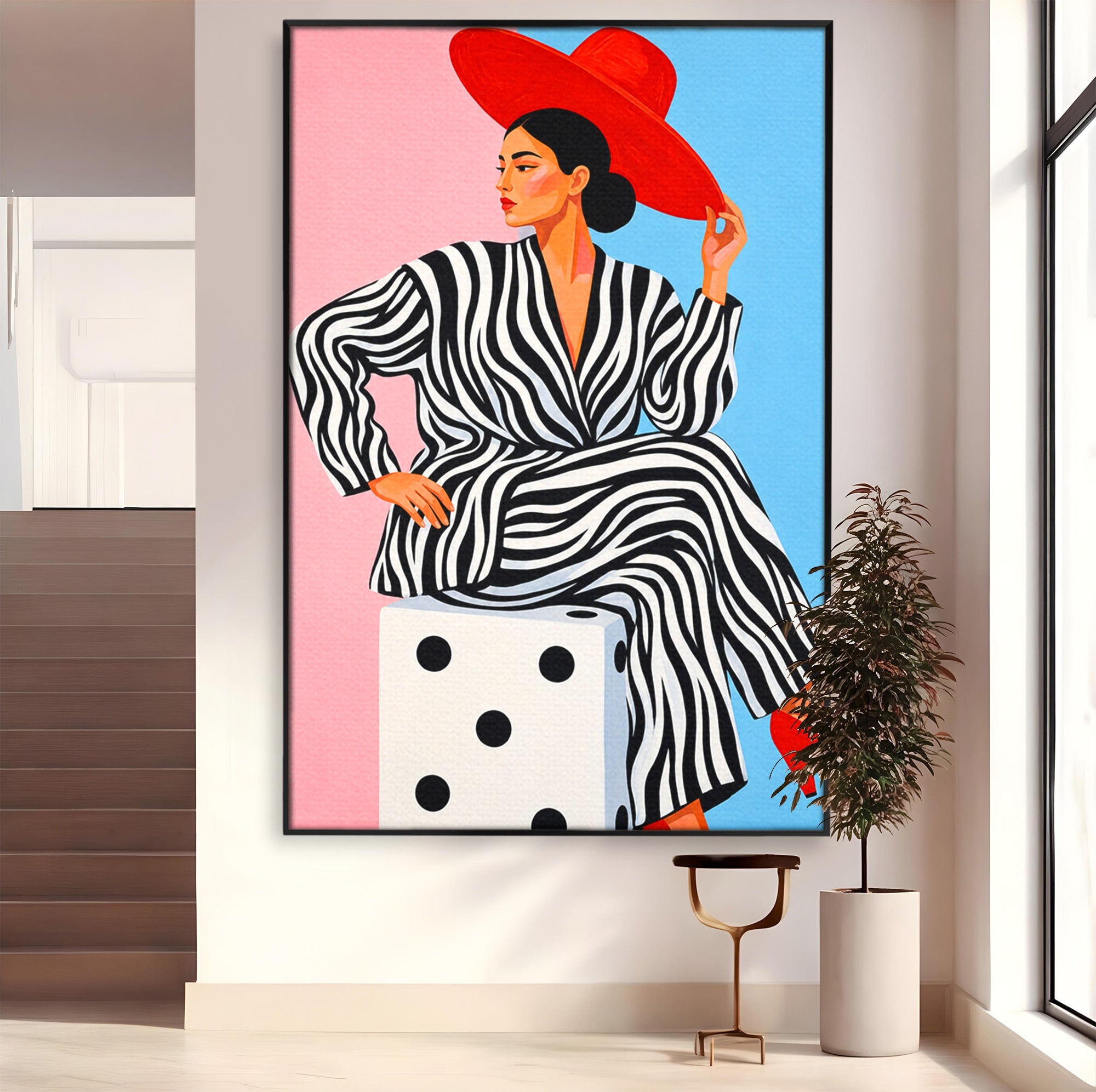 Tablou Canvas Premium LuxCanva® G1291, Femeie Cu Palarie Rosie, Femeie, Moda, Portret, Zebra, Living, Culori Vibrante