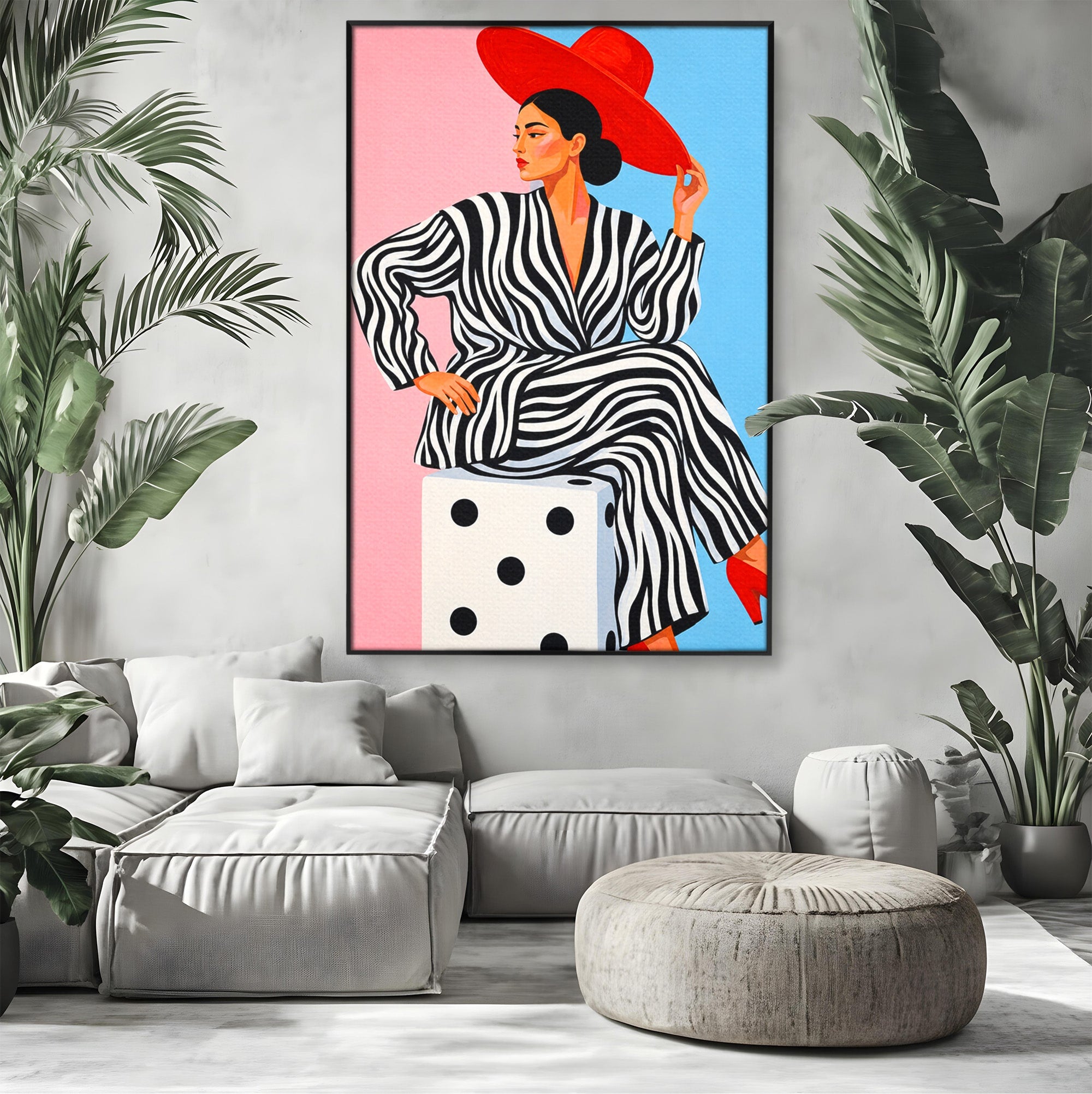 Tablou Canvas Premium LuxCanva® G1291, Femeie Cu Palarie Rosie, Femeie, Moda, Portret, Zebra, Living, Culori Vibrante