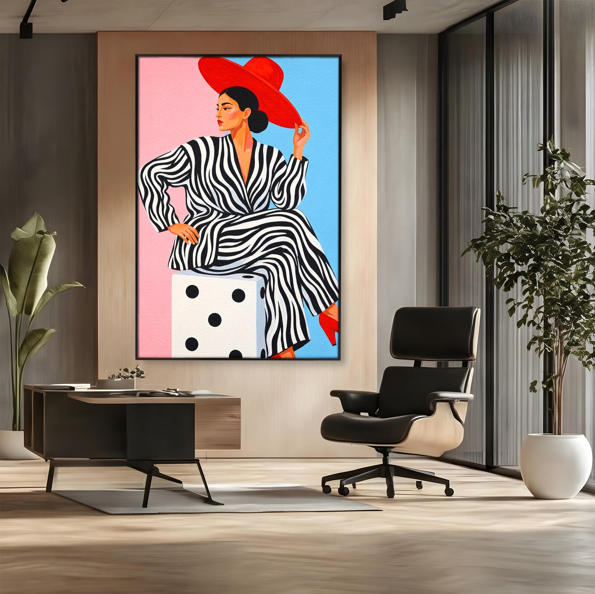 Tablou Canvas Premium LuxCanva® G1291, Femeie Cu Palarie Rosie, Femeie, Moda, Portret, Zebra, Living, Culori Vibrante