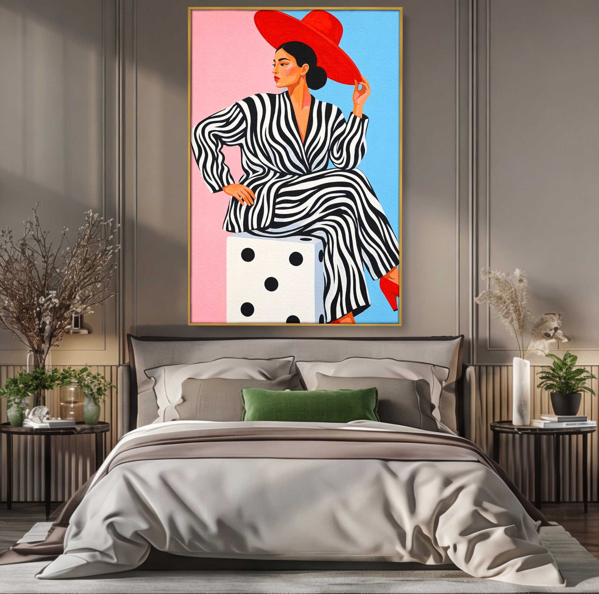 Tablou Canvas Premium LuxCanva® G1291, Femeie Cu Palarie Rosie, Femeie, Moda, Portret, Zebra, Living, Culori Vibrante