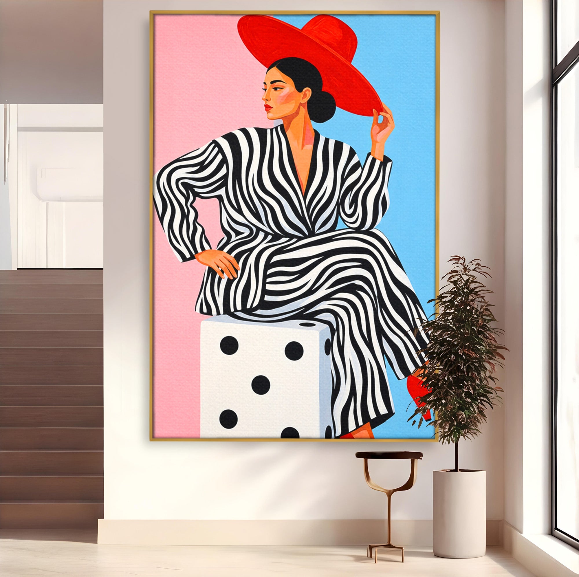 Tablou Canvas Premium LuxCanva® G1291, Femeie Cu Palarie Rosie, Femeie, Moda, Portret, Zebra, Living, Culori Vibrante
