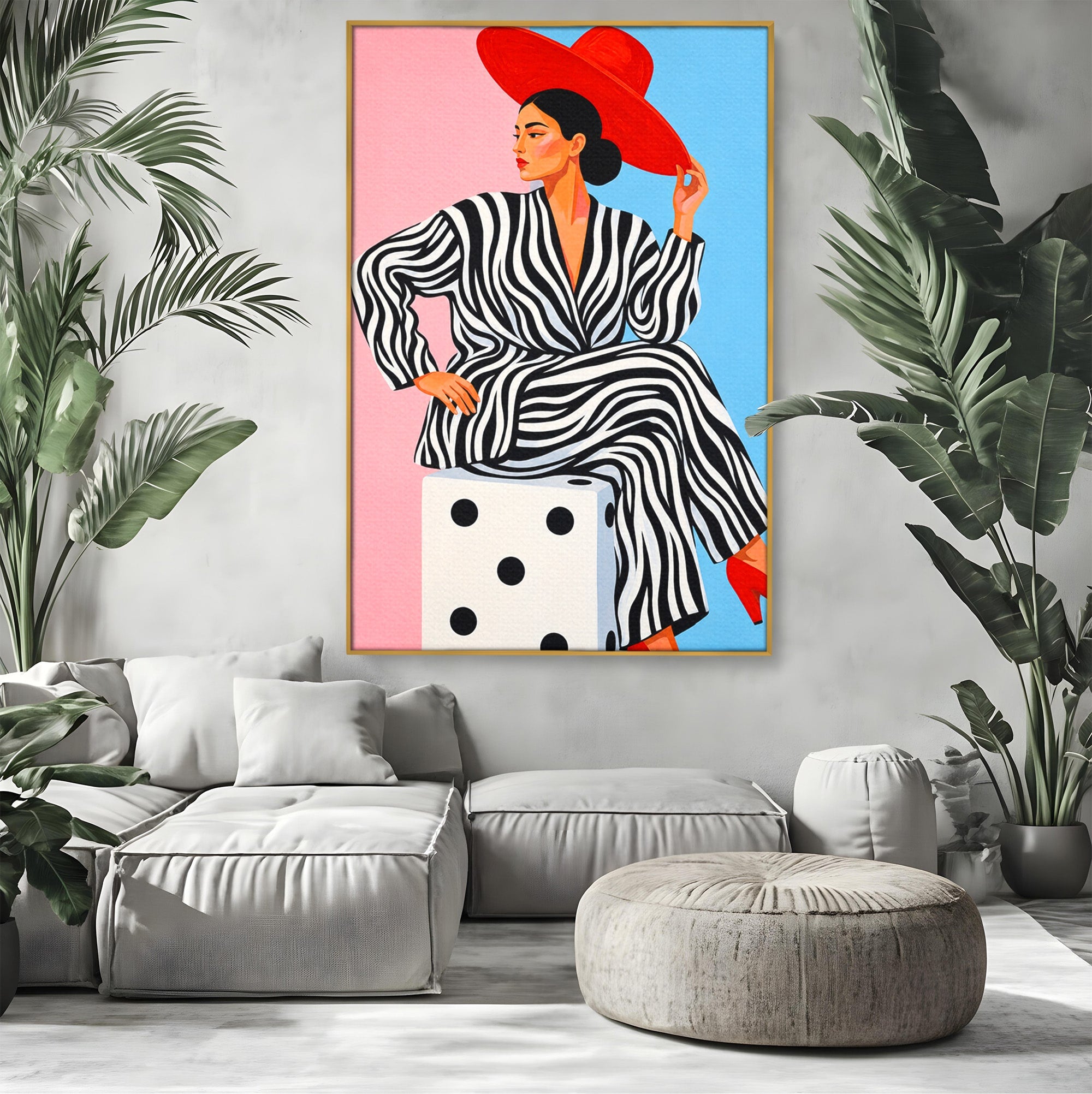 Tablou Canvas Premium LuxCanva® G1291, Femeie Cu Palarie Rosie, Femeie, Moda, Portret, Zebra, Living, Culori Vibrante