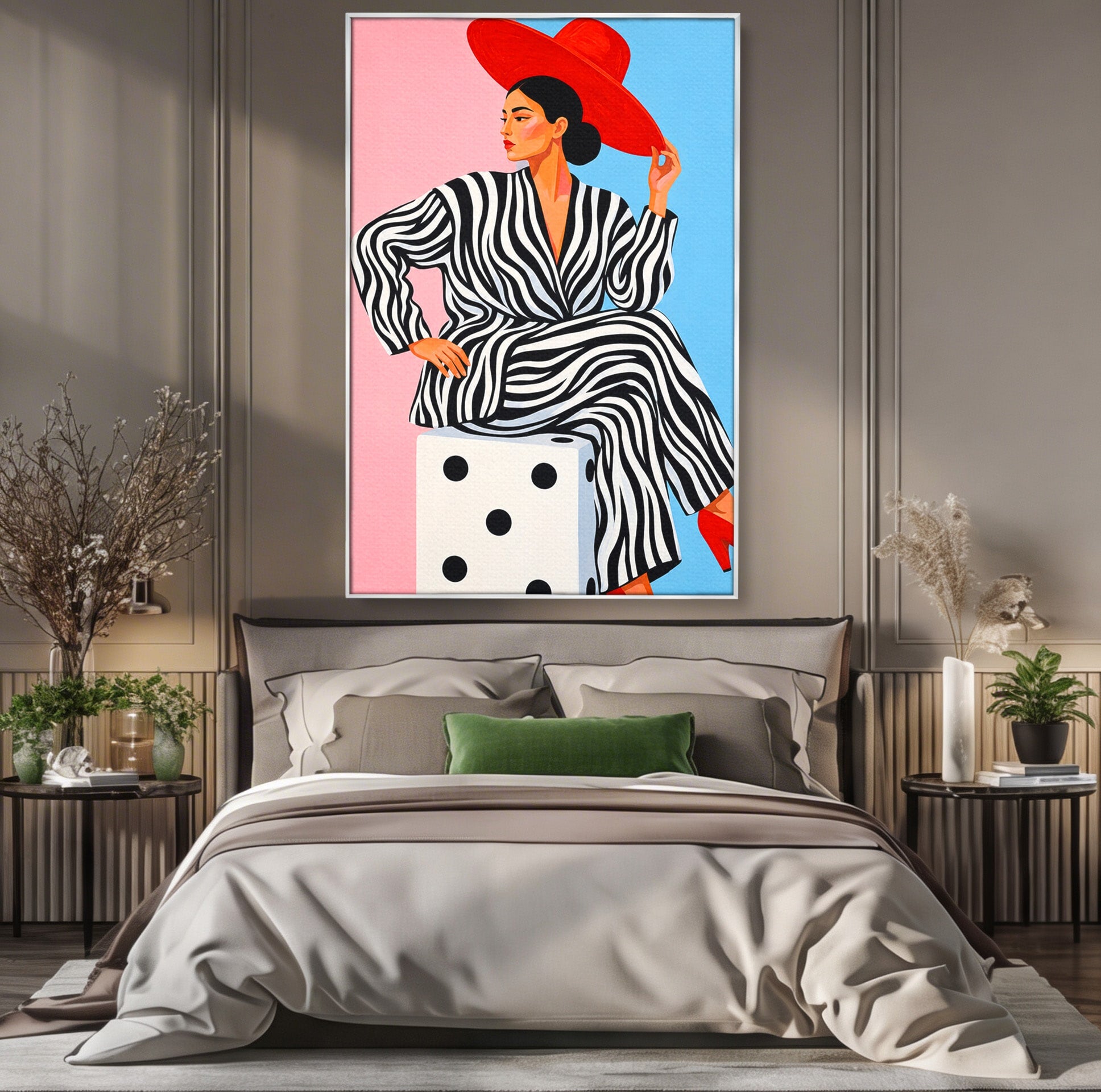 Tablou Canvas Premium LuxCanva® G1291, Femeie Cu Palarie Rosie, Femeie, Moda, Portret, Zebra, Living, Culori Vibrante