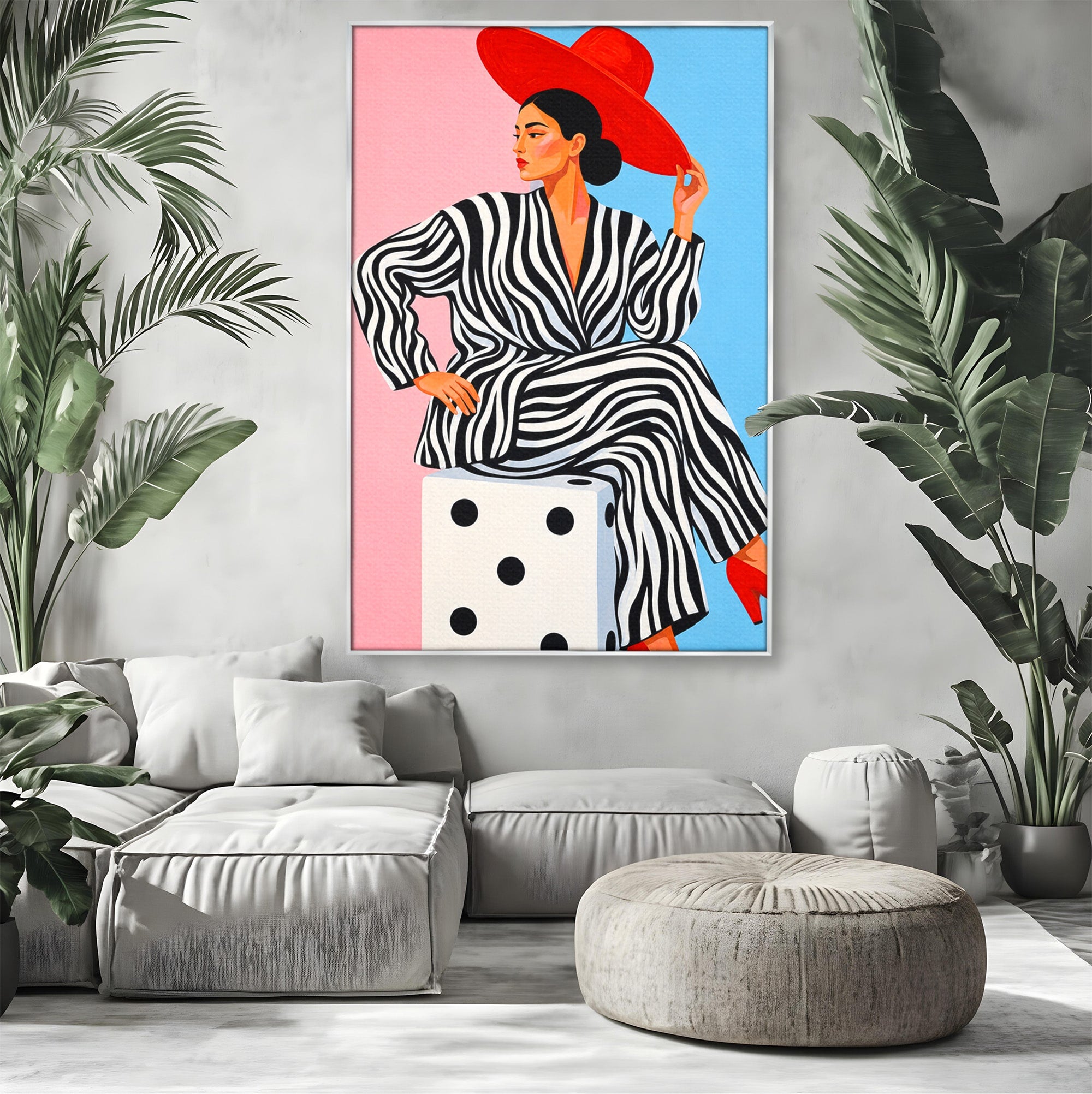 Tablou Canvas Premium LuxCanva® G1291, Femeie Cu Palarie Rosie, Femeie, Moda, Portret, Zebra, Living, Culori Vibrante