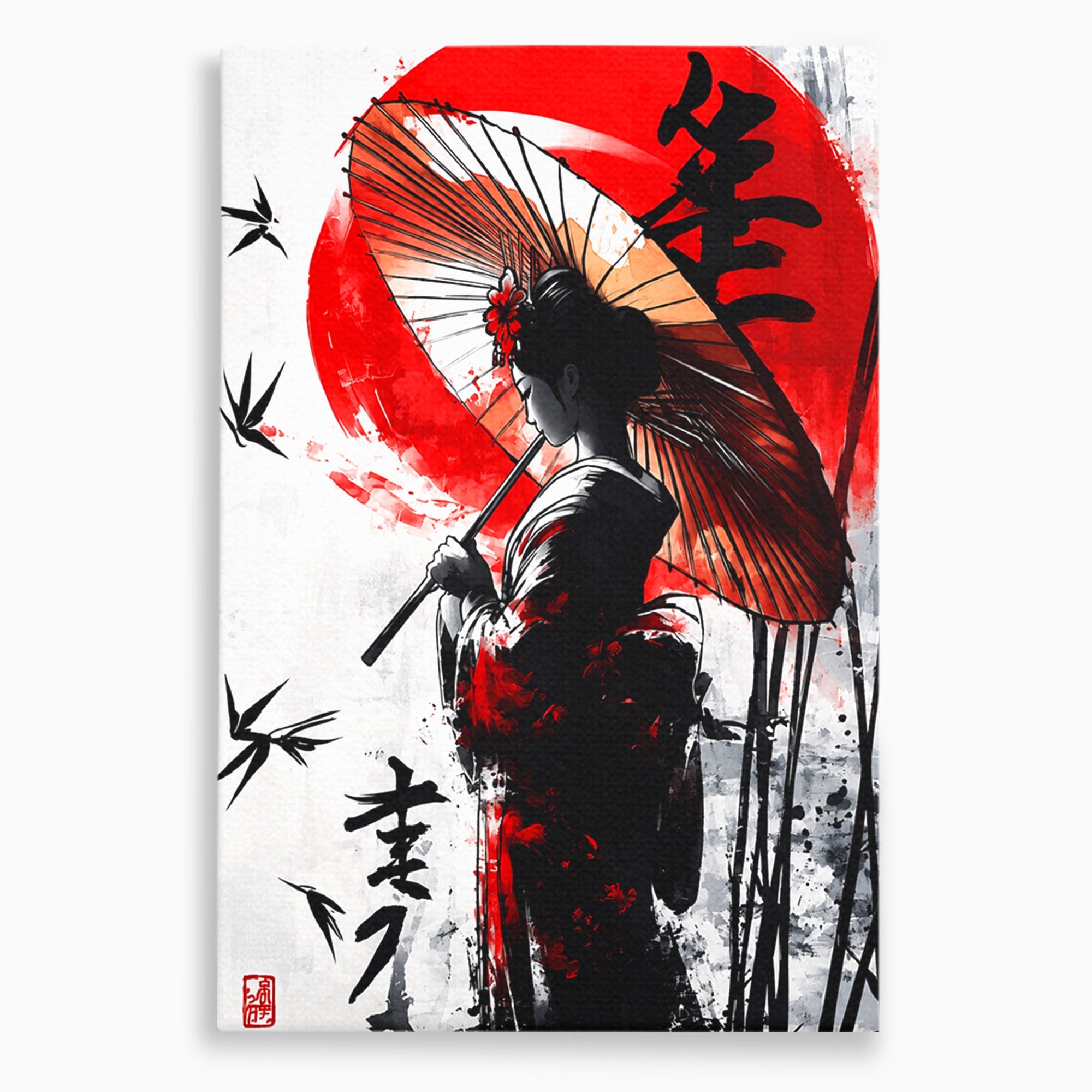 Tablou Canvas Premium LuxCanva® G1293, Geisha Cu Umbrela, Geisha, Umbrela, Arta Japoneza, Eleganta, Dormitor, Culori Vibrante