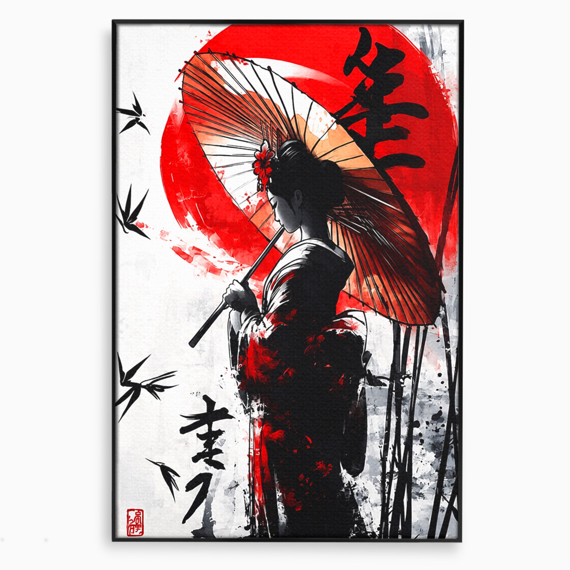 Tablou Canvas Premium LuxCanva® G1293, Geisha Cu Umbrela, Geisha, Umbrela, Arta Japoneza, Eleganta, Dormitor, Culori Vibrante