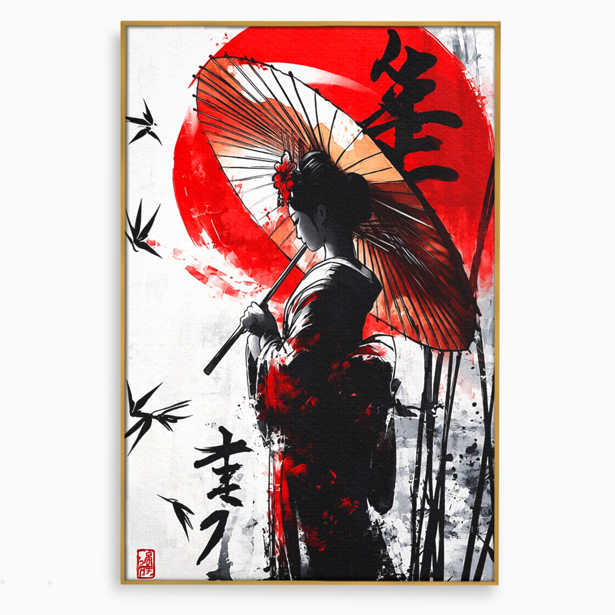 Tablou Canvas Premium LuxCanva® G1293, Geisha Cu Umbrela, Geisha, Umbrela, Arta Japoneza, Eleganta, Dormitor, Culori Vibrante