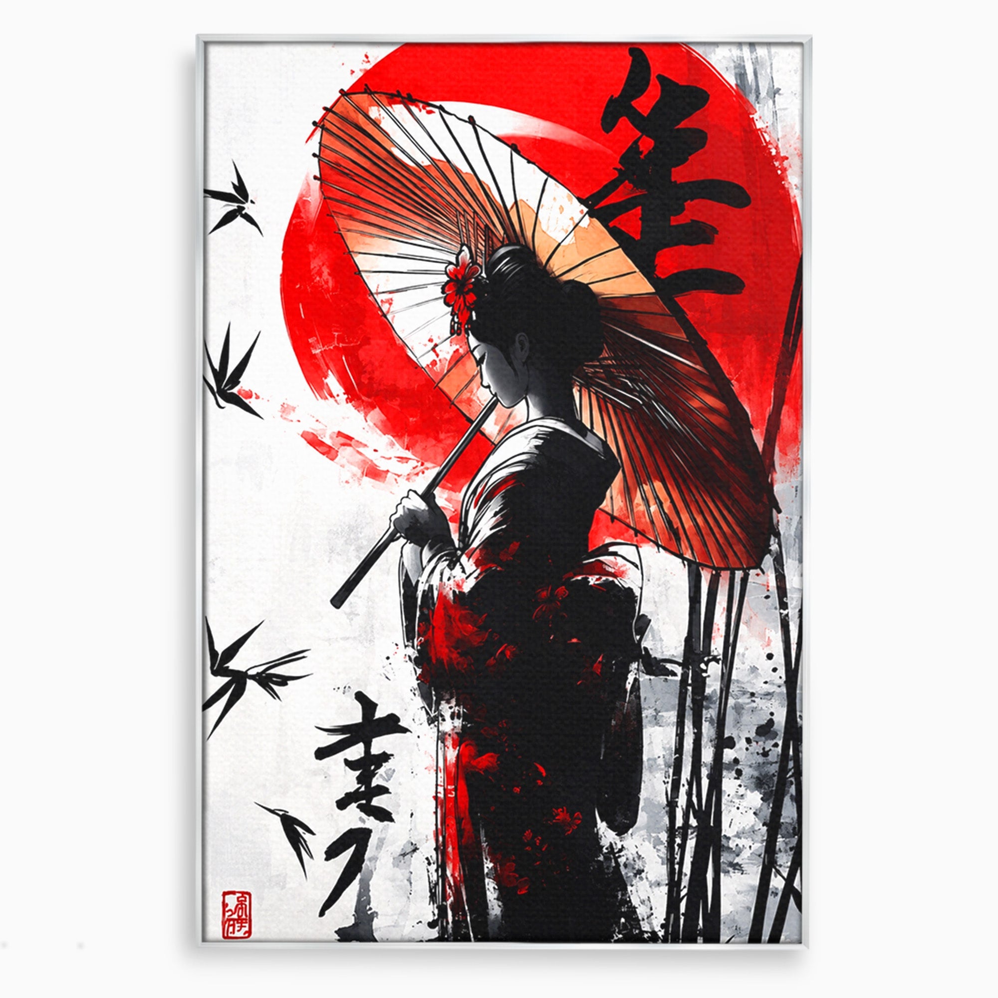 Tablou Canvas Premium LuxCanva® G1293, Geisha Cu Umbrela, Geisha, Umbrela, Arta Japoneza, Eleganta, Dormitor, Culori Vibrante