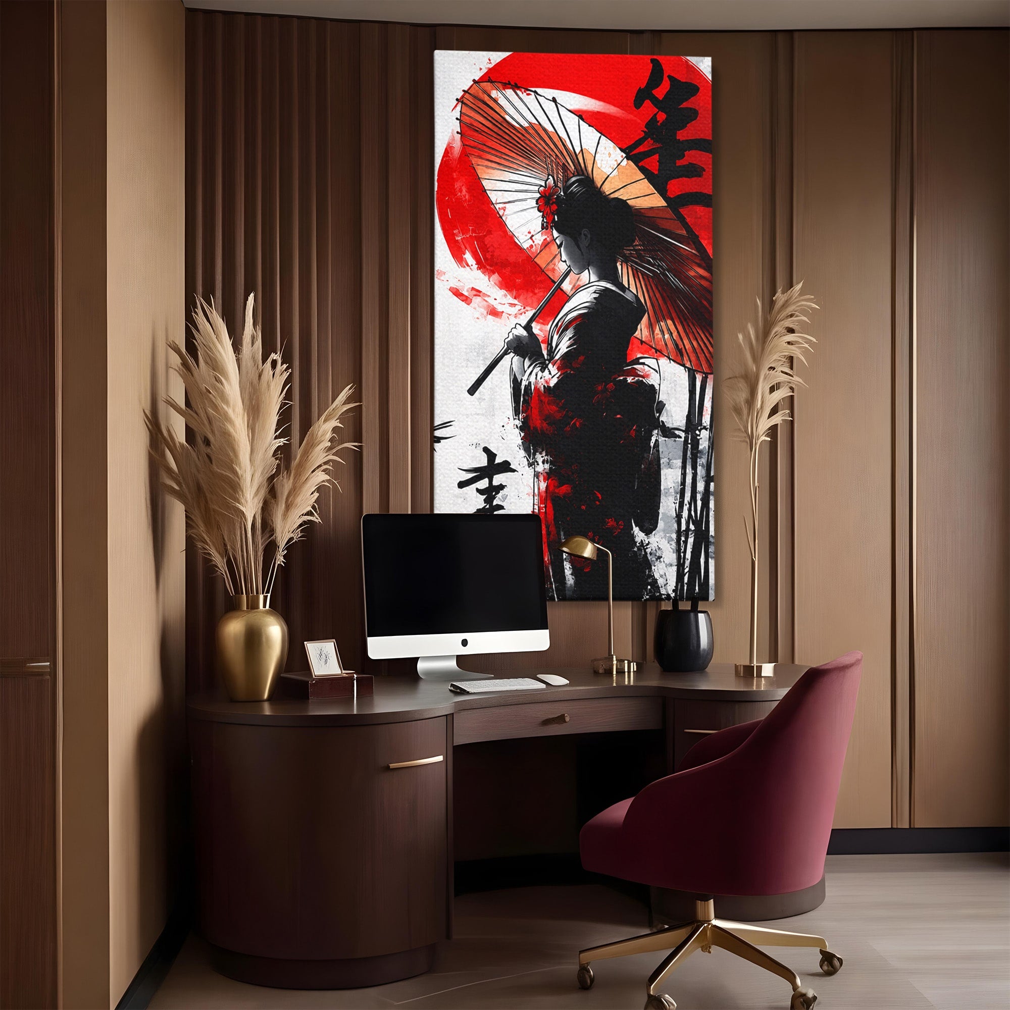 Tablou Canvas Premium LuxCanva® G1293, Geisha Cu Umbrela, Geisha, Umbrela, Arta Japoneza, Eleganta, Dormitor, Culori Vibrante