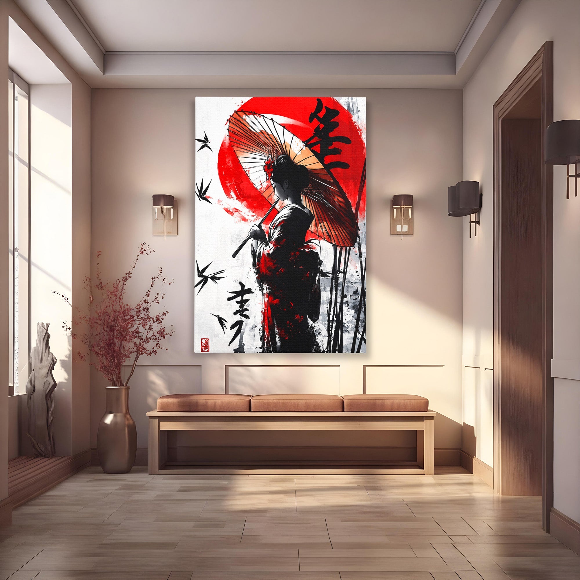 Tablou Canvas Premium LuxCanva® G1293, Geisha Cu Umbrela, Geisha, Umbrela, Arta Japoneza, Eleganta, Dormitor, Culori Vibrante