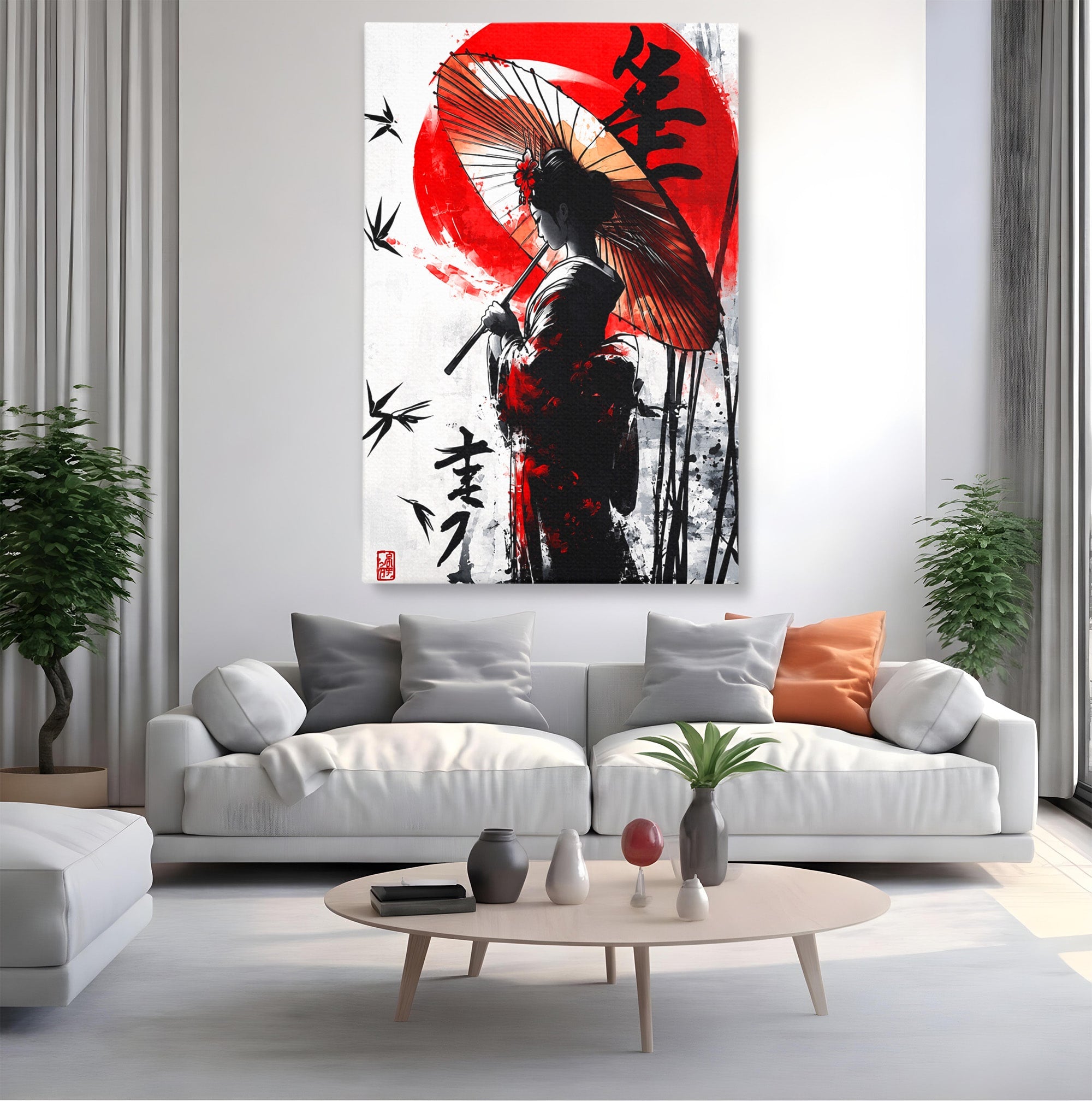 Tablou Canvas Premium LuxCanva® G1293, Geisha Cu Umbrela, Geisha, Umbrela, Arta Japoneza, Eleganta, Dormitor, Culori Vibrante