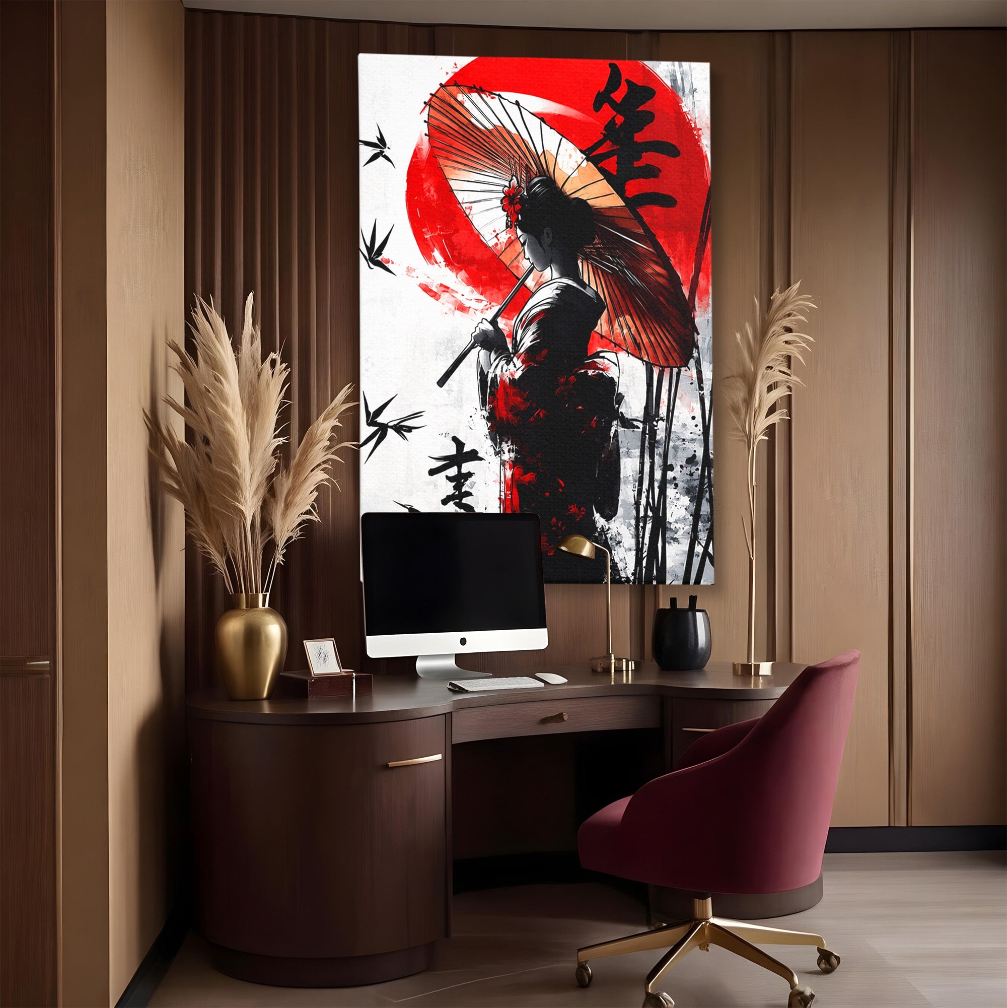 Tablou Canvas Premium LuxCanva® G1293, Geisha Cu Umbrela, Geisha, Umbrela, Arta Japoneza, Eleganta, Dormitor, Culori Vibrante