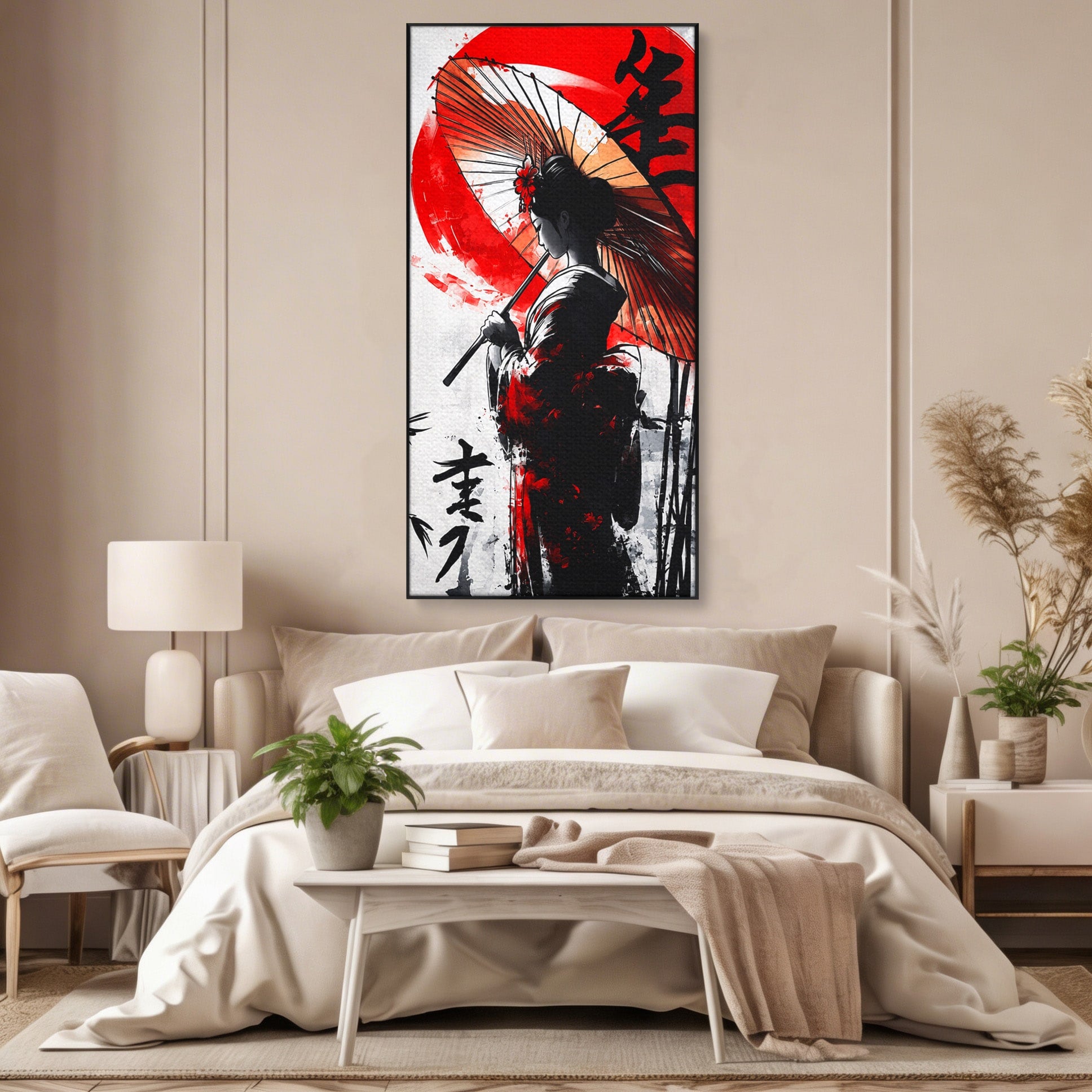 Tablou Canvas Premium LuxCanva® G1293, Geisha Cu Umbrela, Geisha, Umbrela, Arta Japoneza, Eleganta, Dormitor, Culori Vibrante