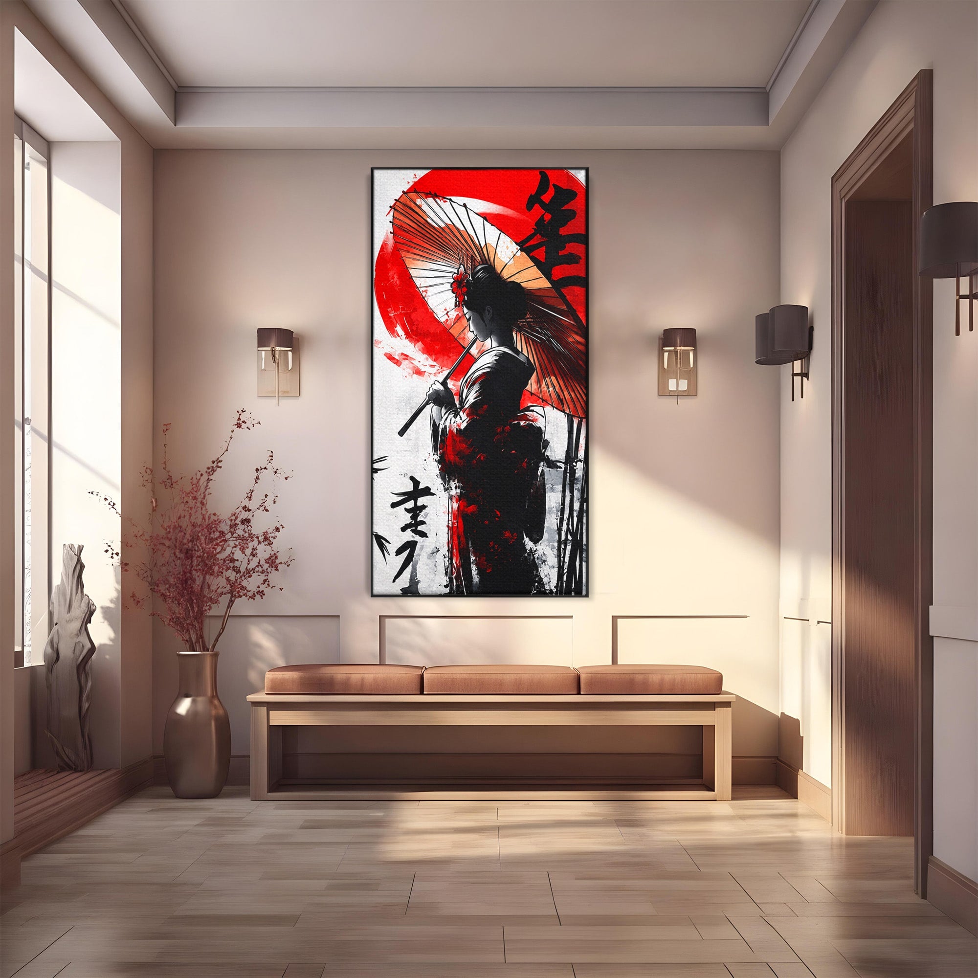 Tablou Canvas Premium LuxCanva® G1293, Geisha Cu Umbrela, Geisha, Umbrela, Arta Japoneza, Eleganta, Dormitor, Culori Vibrante