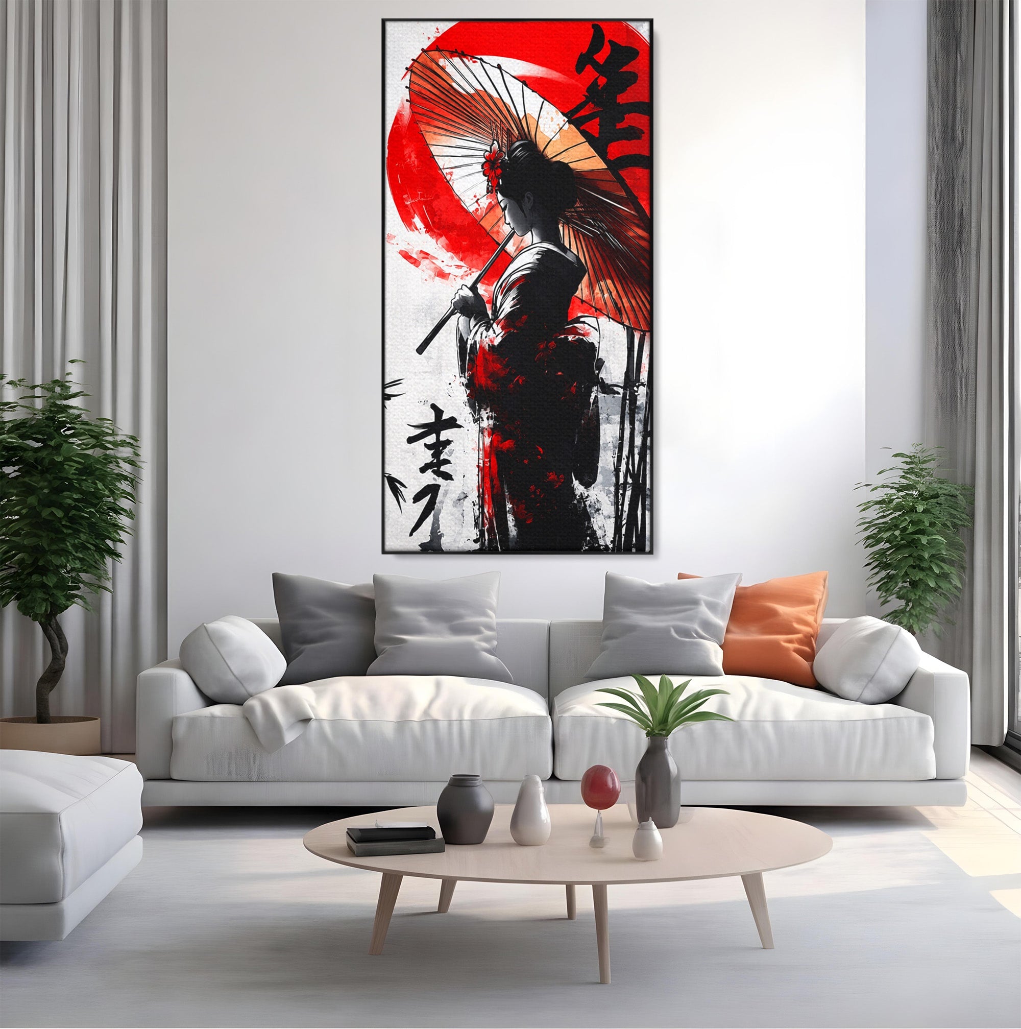 Tablou Canvas Premium LuxCanva® G1293, Geisha Cu Umbrela, Geisha, Umbrela, Arta Japoneza, Eleganta, Dormitor, Culori Vibrante