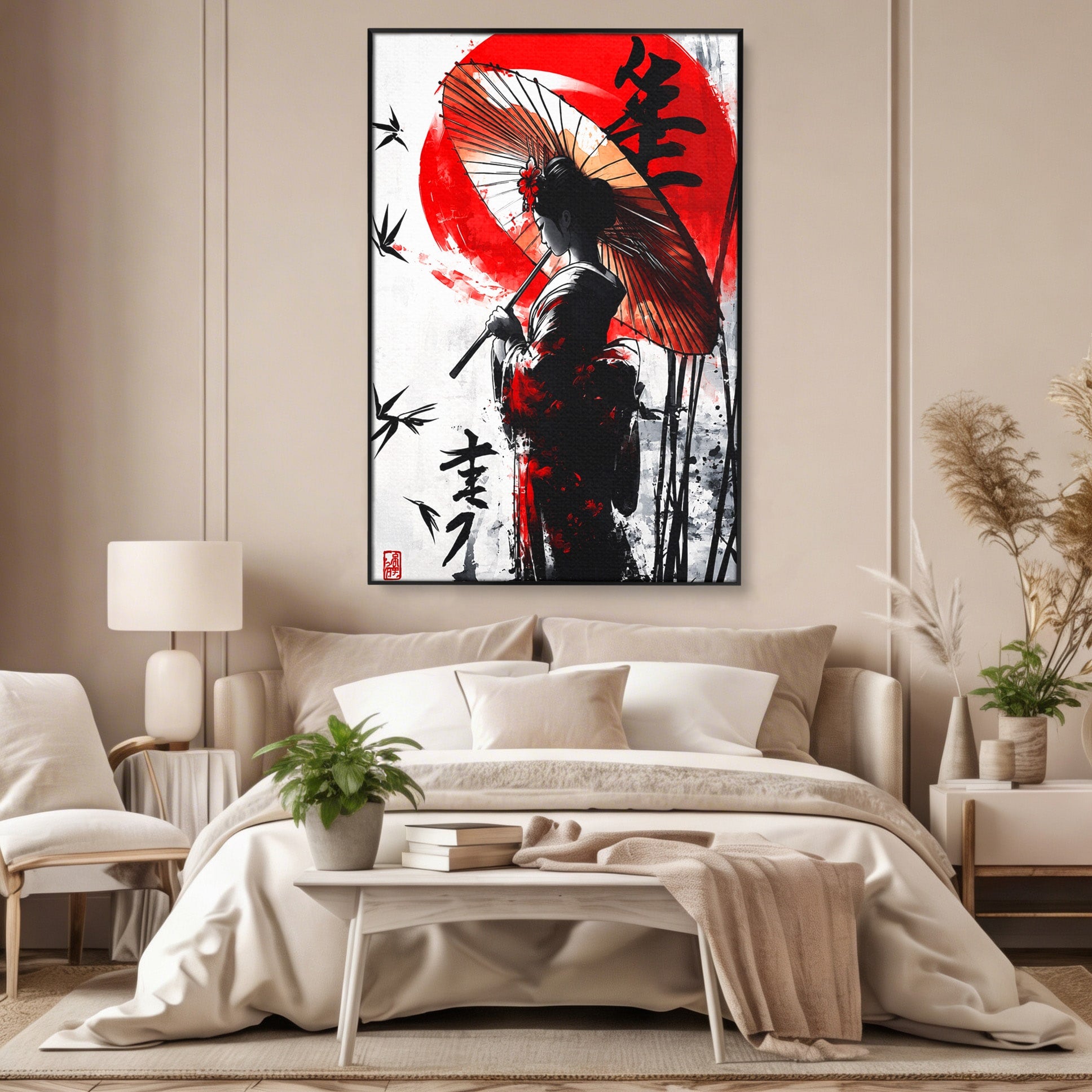 Tablou Canvas Premium LuxCanva® G1293, Geisha Cu Umbrela, Geisha, Umbrela, Arta Japoneza, Eleganta, Dormitor, Culori Vibrante